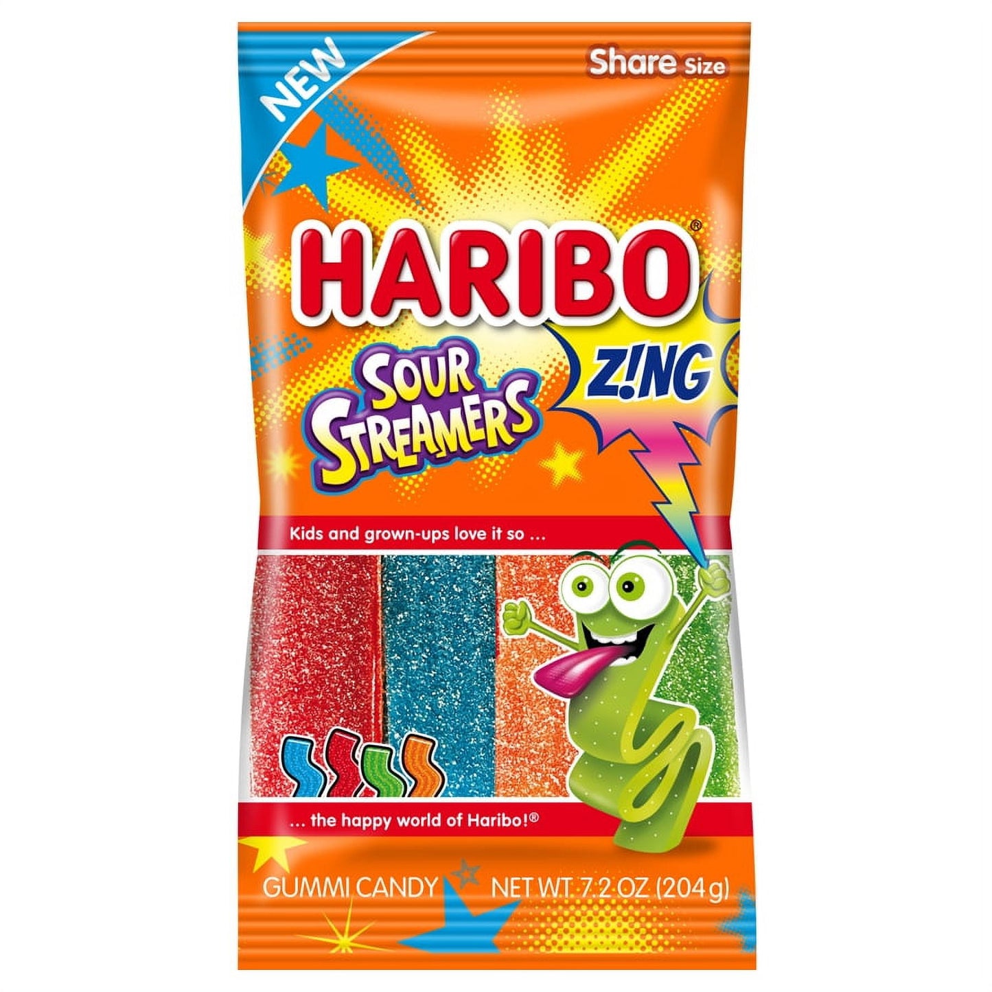 HARIBO Sour Streamers Gummy Candy, Thin, Pack of 1, 7.2 oz Peg Bag, Say hello to HARIBO Z!NG Sour Streamers. These playful gummy ribbons make a fun and tasty treat with 4 delicious sour flavors - Sour Cherry, Sour Blue Raspberry, Sour Orange, and Sour Apple. You'll be twisting, bending, and stretching these amazing gummies! Kids and grown-ups love it so, the happy world of HARIBO 24 Count.