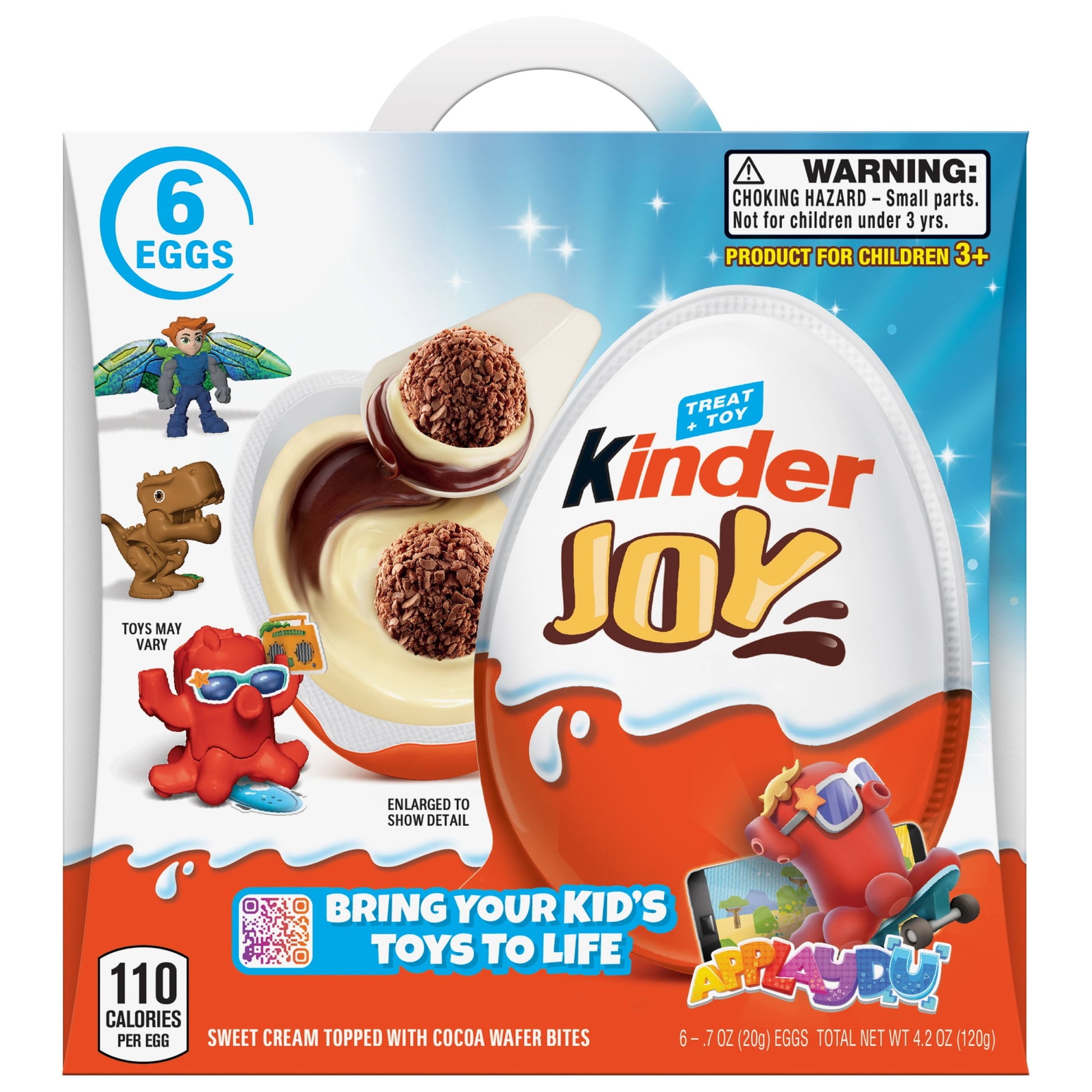 Treat + Toy, Twice the Joy! Discover the two sides of fun in a Kinder Joy egg. The treat side features two layers of creamy deliciousness—cocoa and sweet cream. Plus, there are two crispy, chocolatey-covered wafer bites filled with cocoa cream. The toy side hides a surprise toy. Each egg features one of over 100 toys. Unlock more fun with the free Applaydu app by scanning the toy and opening a new level of play. Download in the App Store or on Google Play.