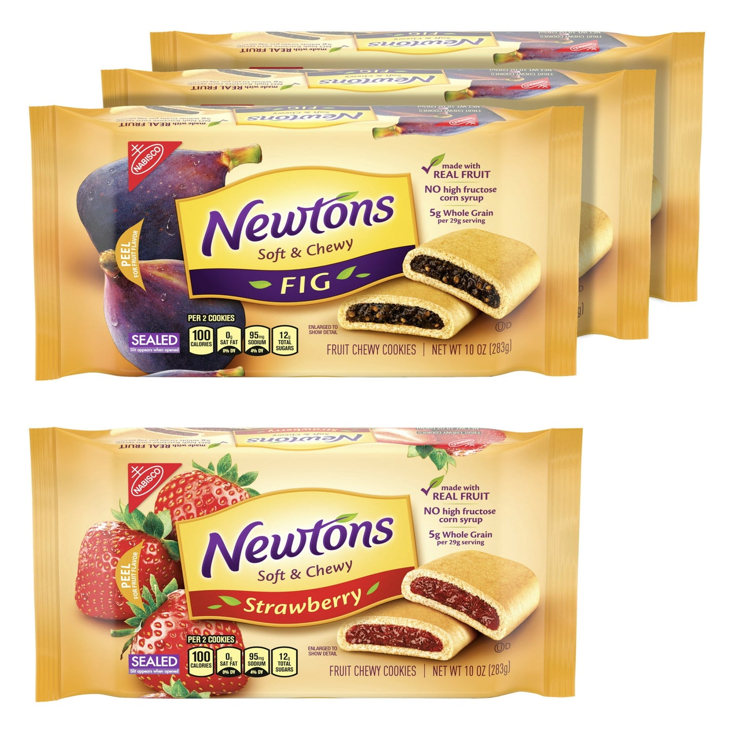 Newtons fruit cookies variety pack includes three packs of Newtons Fig Cookies and one pack of Newton’s Strawberry Cookies. Made with real fruit, these rectangle-shaped cookies are soft, chewy, contain no high fructose corn syrup and are Kosher certified. Fig Newtons have 10 grams of whole grains per 56 gram serving and strawberry Newtons have 5g of whole grain per 29 gram serving. Toss these fig bars and strawberry bars cookie packs in your desk to avoid afternoon hunger or pair with ice cream for a delici