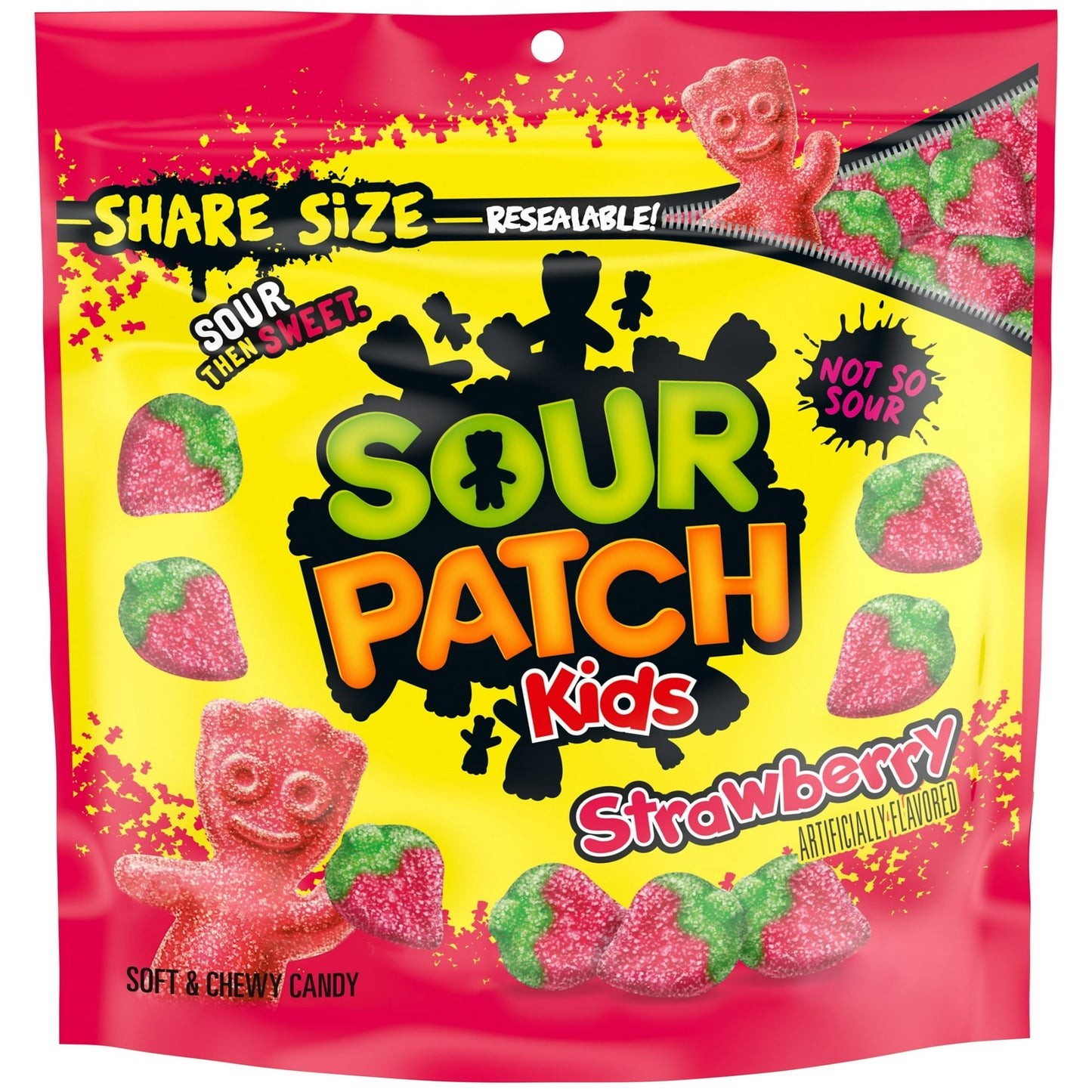 SOUR PATCH KIDS Strawberry Soft & Chewy Candy tempts your taste buds with a twist on a classic flavor. These deliciously juicy fruit-shaped red candy pieces are sweet and fruity, with just a little bit of sour. The fun strawberry shape brings excitement to your snacking and is the perfect summery addition to candy bowls. Keep this sour candy on hand for a quick SOUR THEN SWEET treat or as party favors for holidays or birthdays. Each bag of these sour gummy snacks is resealable to ensure the candies stay sof