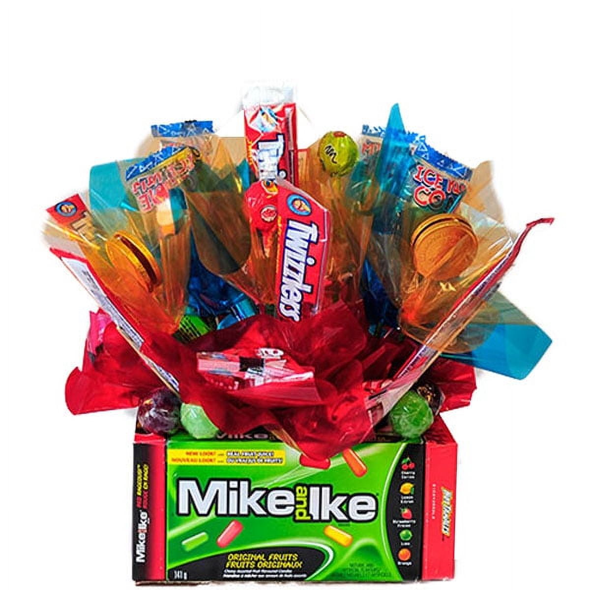 This delicious Mike and Ike Candy bouquet is a sweet treat for anybody in your life.Made with movie theater-sized box candy and topped with Twizzlers and Ring Pops