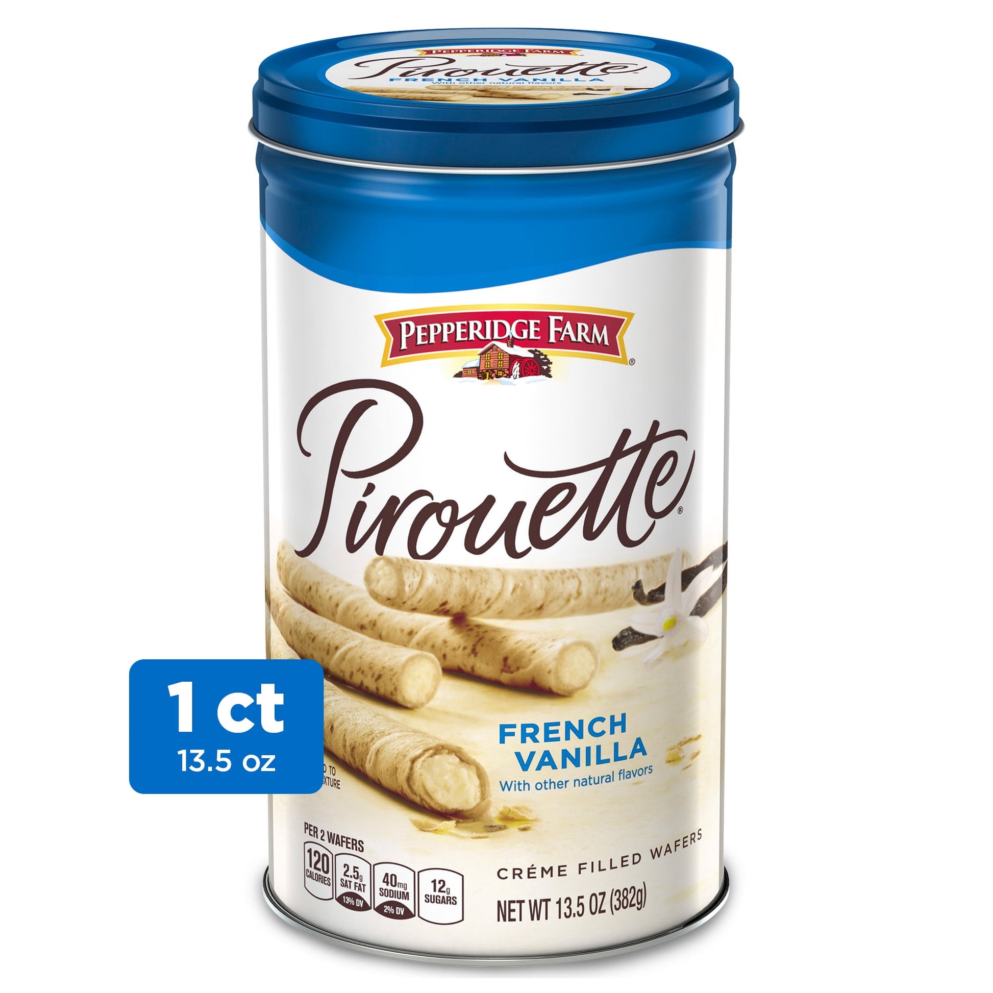 Whether paired with morning tea or coffee, added as an adorable cupcake decoration, or partnered with ice cream, Pepperidge Farm Pirouette French Vanilla Créme-Filled Wafers deliver absolute indulgence in every perfect bite. These pastry-like wafers are baked to a delicate crisp, and filled with a luscious, creamy vanilla flavored filling. They have a European flair that makes serving them extra special - even if it’s a treat just for you. The 13.5-ounce tin helps keep them fresh, so you can continue to sav