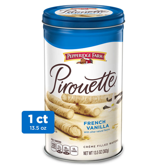 Whether paired with morning tea or coffee, added as an adorable cupcake decoration, or partnered with ice cream, Pepperidge Farm Pirouette French Vanilla Créme-Filled Wafers deliver absolute indulgence in every perfect bite. These pastry-like wafers are baked to a delicate crisp, and filled with a luscious, creamy vanilla flavored filling. They have a European flair that makes serving them extra special - even if it’s a treat just for you. The 13.5-ounce tin helps keep them fresh, so you can continue to sav