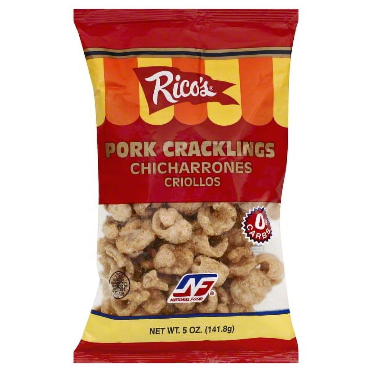 Pork Cracklings, Bag 5 OZ Chicharrones criollos. 0 g carbs. US inspected and passed by Department of Agriculture. Fried out pork fat with attached skin. www.nationalfood.com. 5 oz (141.8 g) PO Box 526303 Miami, FL 33152 305-599-0808