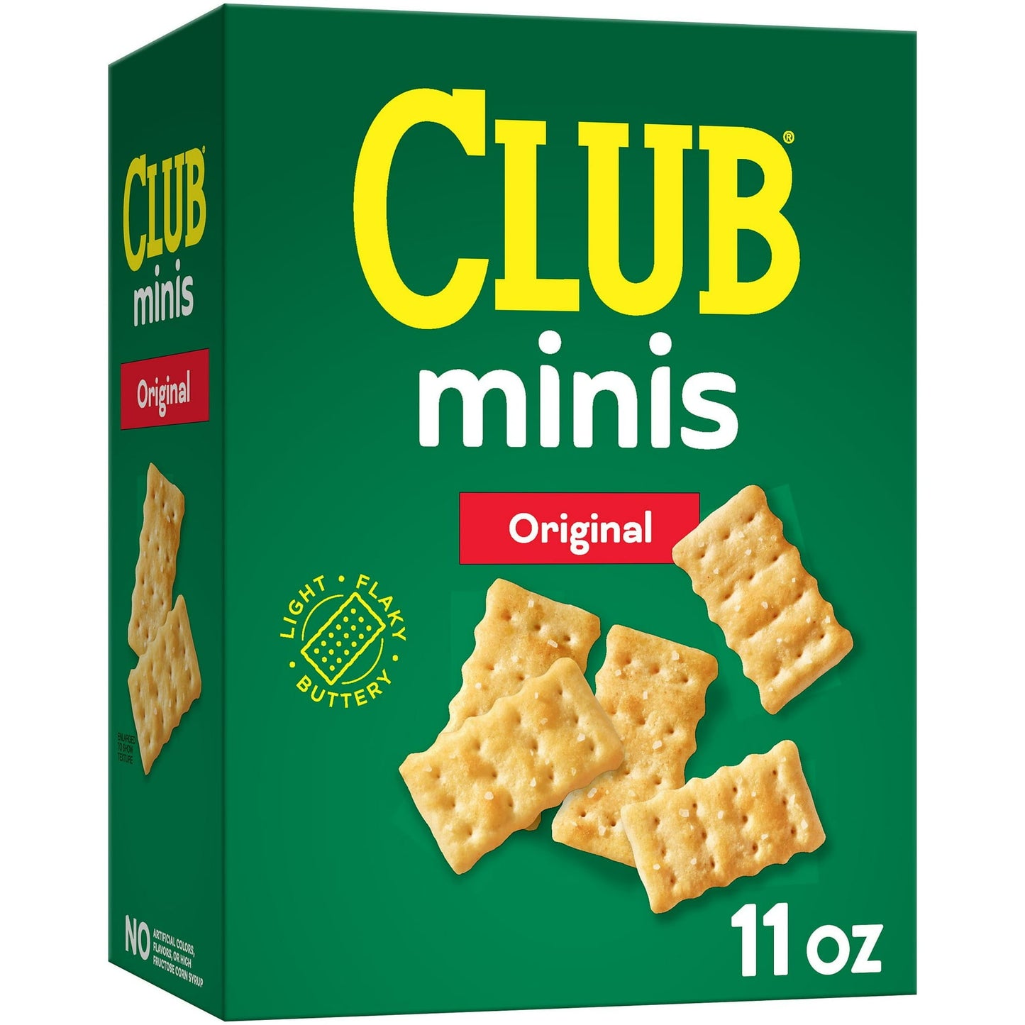 Savor the light, flaky, buttery taste of Club Minis mini crackers wherever you go. These miniature-sized crackers are perfect for little fingers or great for a quick snack for kids and adults. They're an easy win with no cholesterol (3.5g monounsaturated fat, 2g polyunsaturated fat) and made with no artificial colors or flavors. Stock irresistible Club Minis mini crackers in your pantry as a fun, on-the-go snack for everyone; Make them a part of preparing quick, casual meals. Perfect for packing in diaper b