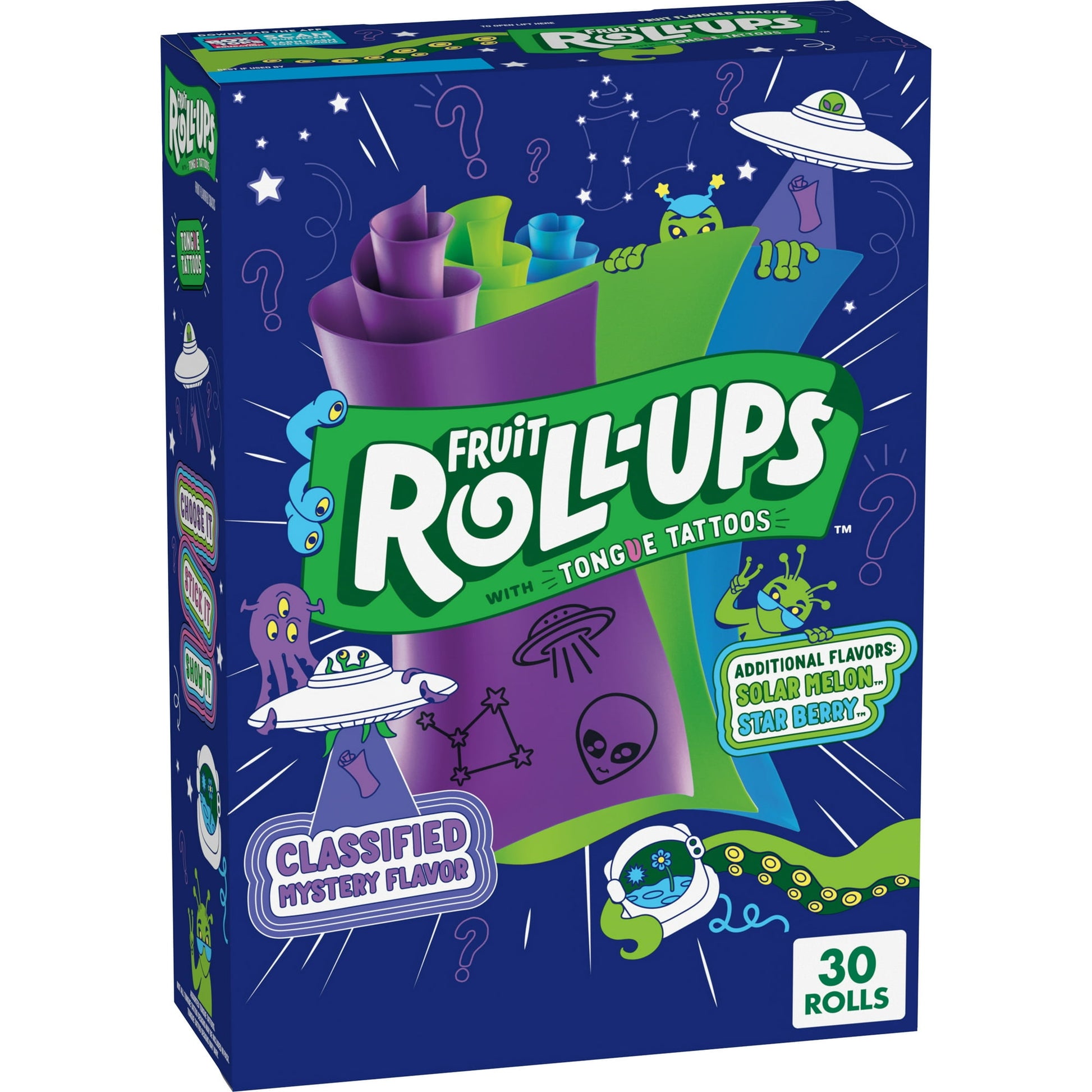 When you need a tasty snack for kids of all ages, choose the juicy goodness of Fruit Roll-Ups Mystery Flavor Flavored Snacks. Unwrap delicious fun with these delicious fruit flavored snacks. With wild flavors and colors, the possibilities for fun are endless. You've finally found the perfect after-school snack that's a win for you and your kids. Each roll comes with an assortment of tongue tattoos for wacky fun. Packaged for on-the-go convenience, Fruit Roll-Ups Fruit Flavored Snack pouches are the perfect 