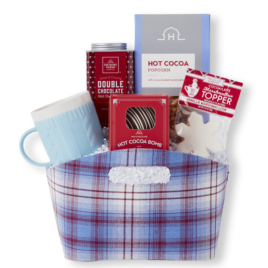 Send warm holiday wishes with a gift basket filled with winter warm-ups. They can cozy up with Double Chocolate Hot Cocoa Mix, Milk Chocolate Hot Cocoa Bomb, and Marshmallow Hot Cocoa Toppers. Enjoy with Hot Cocoa Popcorn for the perfect holiday season treat. This gift even includes a cute Sweater Mug they'll use again and again!