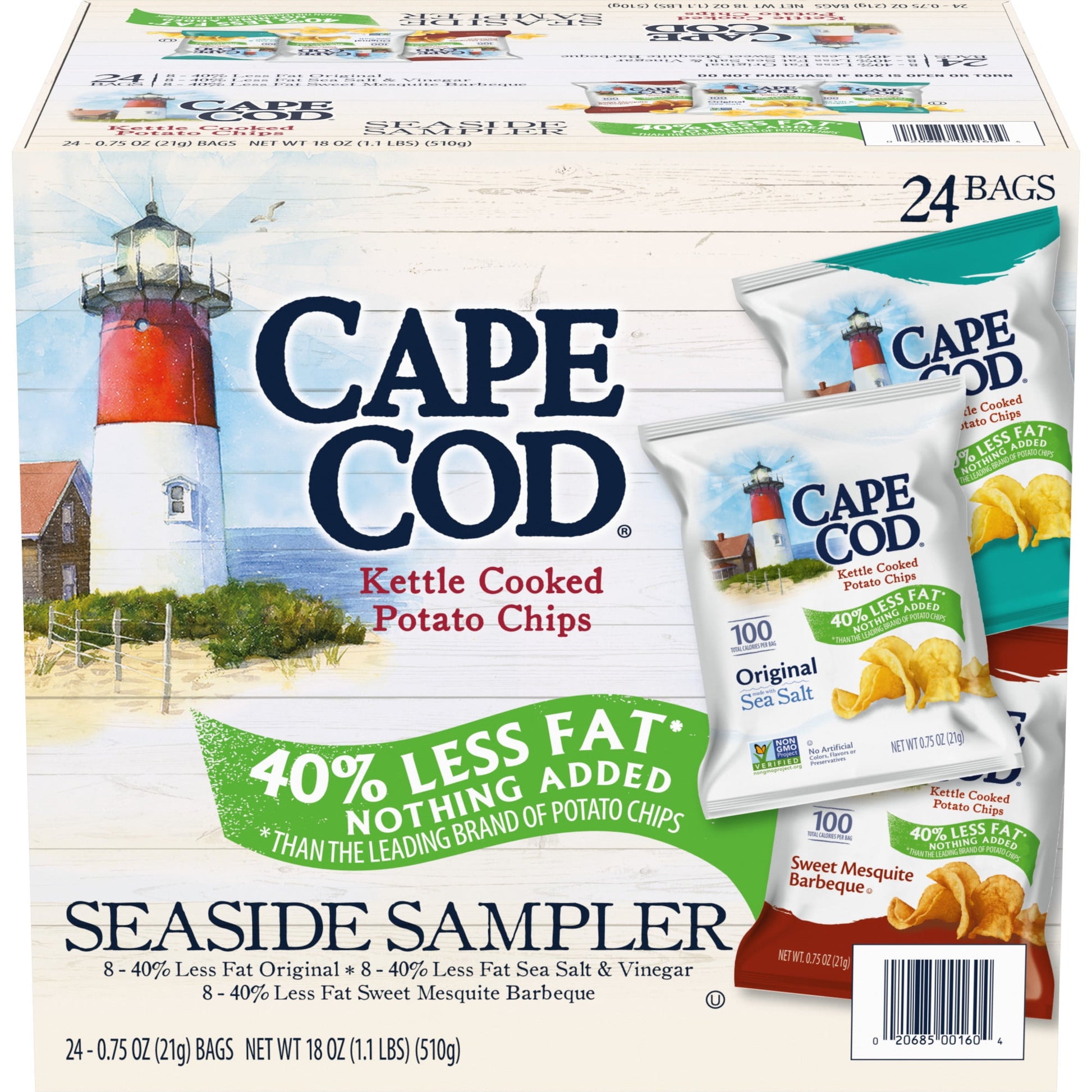 This sampler pack has all of Cape Cod Kettle Cooked Chips top favorite flavors: Less Fat Original, Less Fat Sea Salt & Vinegar, and Less Fat Sweet Mesquite Barbeque. Cape Cod potato chips begin with the pure taste of potato. You get all the great flavor as our regular chips, but with 40% less fat than the leading brand of potato chips because an extra spin in the kettle leaves less oil, with nothing added. Sliced perfectly, the potatoes are cooked in custom kettles, one batch at a time, until they reach a g