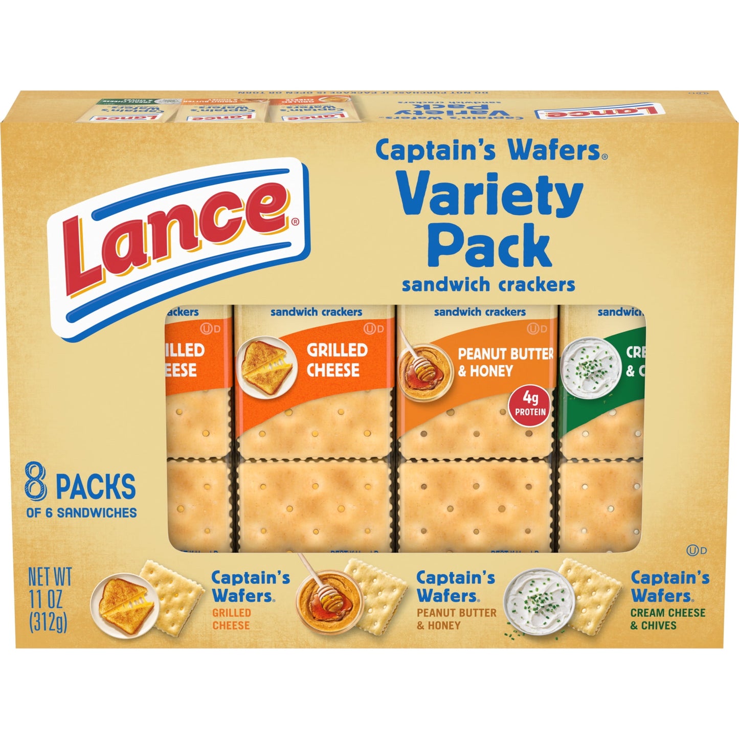 Lance Captain’s Wafers snack lovers won't be able to get enough of this sandwich cracker variety pack! Three of your favorite flavors with delicious fillings between two crispy classic Captain’s Wafers crackers for satisfying goodness. You get a total of 8 cracker snack packs: 4 packs of Captain’s Wafers Cream Cheese & Chives, 2 packs of Captain's Wafers Peanut Butter and Honey, and 2 packs of Captain's Wafers Grilled Cheese. So, you can enjoy a perfect snack for breaks, afternoon snacks, or whenever you’re