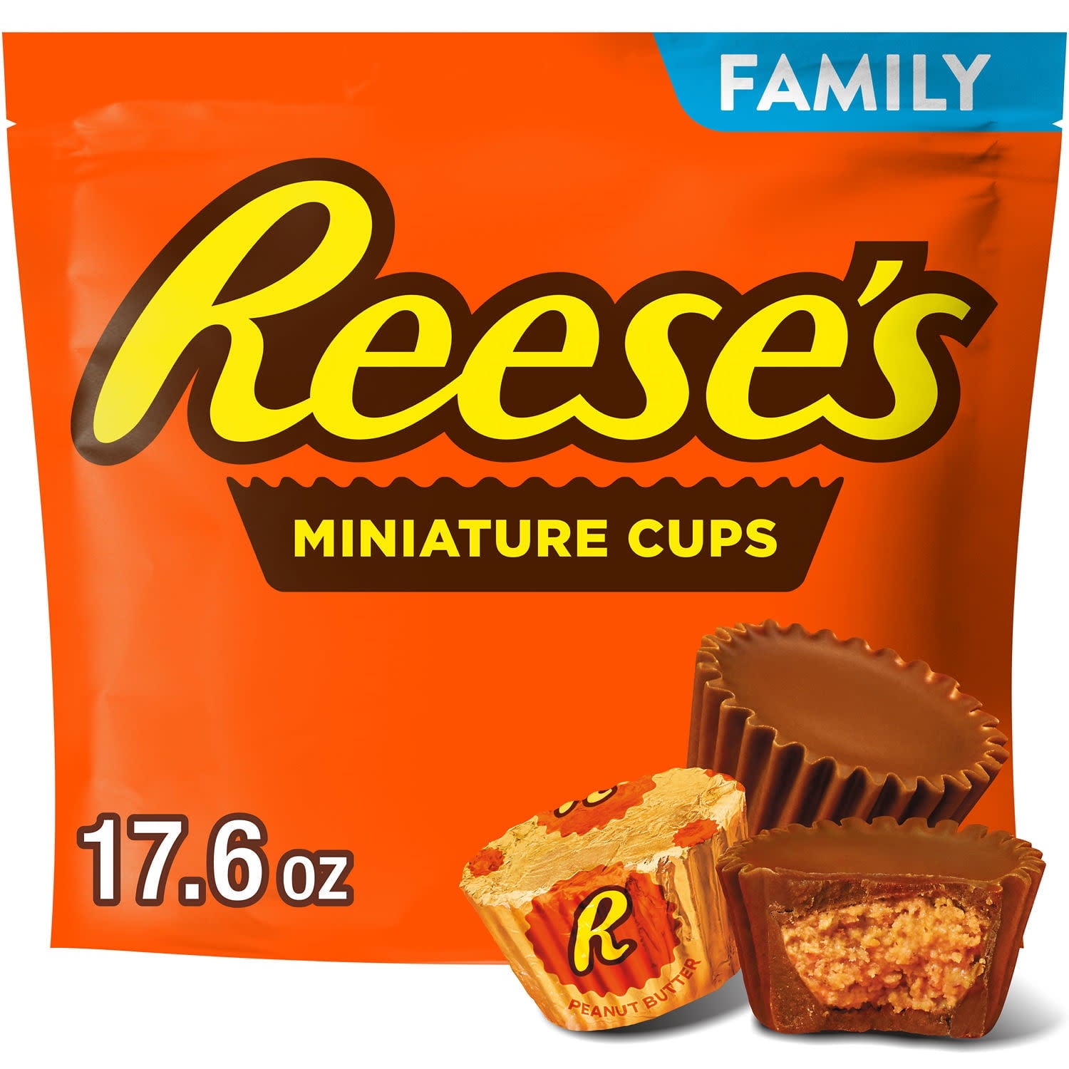 Don't let their small size fool you: REESE'S Miniatures milk chocolate peanut butter cups candies are huge on chocolate and peanut butter taste. Individually wrapped, bite size and perfectly pop-able, REESE'S Miniatures candies make a delicious anytime treat. Plus, this share pack ensures you'll have plenty for all your friends and family during get-togethers. You can even have this bag tag along with you as you begin a road trip adventure or enjoy a midday pick-me-up at the office. All you have to do is un