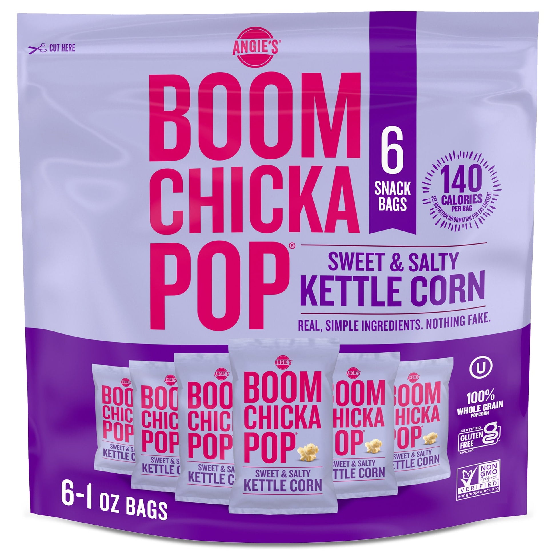 Like your favorite treat at the county fair, each 1-ounce bag of Angie's BOOMCHICKAPOP Sweet & Salty Kettle Corn Popcorn is packed with flavor. Enjoy this whole-grain, non-GMO popcorn as a vegan, gluten-free snack that's made with real, simple ingredients. This salty and sweet kettle corn has 140 calories per bag and 0 grams trans fat per serving. Each bag of popcorn has delicious, pre-popped kettle corn that's ready to eat right out of the bag. Keep this flavored popcorn on hand for road trips, office part