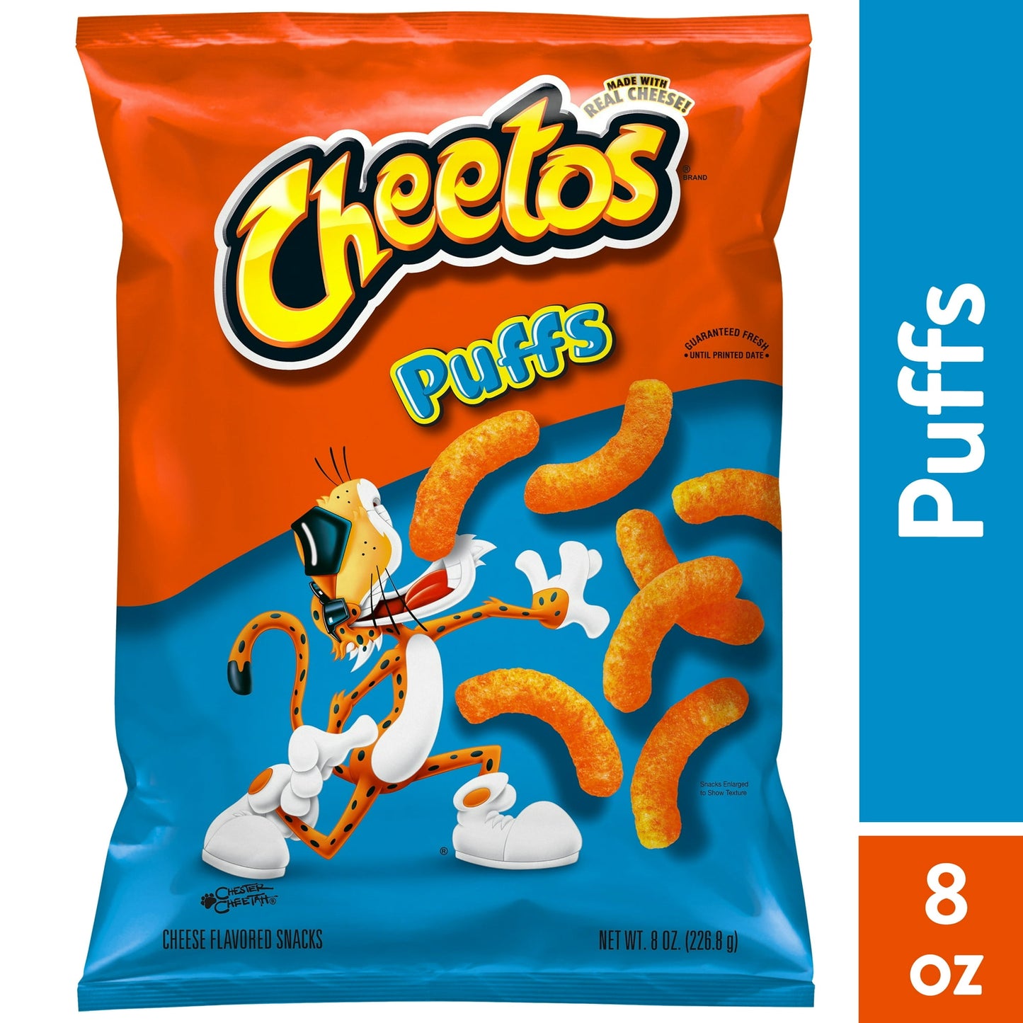 Get the party started with these Cheetos Puffs Cheese Flavored Snacks (8 oz Bag). Enjoy these chips with a meal or alone. Made with real cheese, these Cheetos cheese snack chips are packed with delicious flavor. They are free of gluten and come in a handy 8 oz bag. Enjoy these gluten-free cheese snacks at home, the office or wherever you need a tasty pick-me-up. Wherever the Cheetos brand and CHESTER CHEETAH go, cheesy smiles are sure to follow.