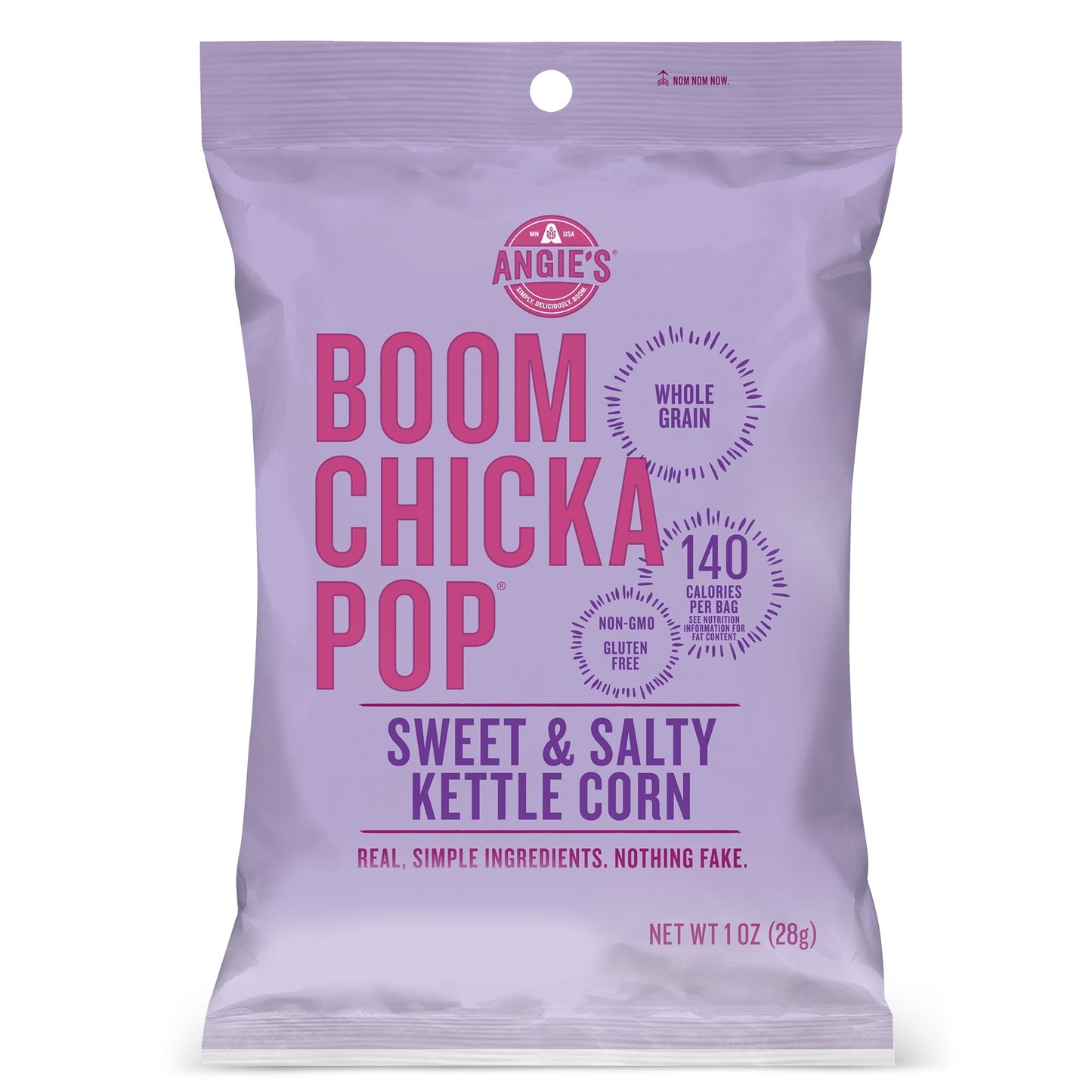 Like your favorite treat at the county fair, each 1-ounce bag of Angie's BOOMCHICKAPOP Sweet & Salty Kettle Corn Popcorn is packed with flavor. Enjoy this whole-grain, non-GMO popcorn as a vegan, gluten-free snack that's made with real, simple ingredients. This salty and sweet kettle corn has 140 calories per bag and 0 grams trans fat per serving. Each bag of popcorn has delicious, pre-popped kettle corn that's ready to eat right out of the bag. Keep this flavored popcorn on hand for road trips, office part