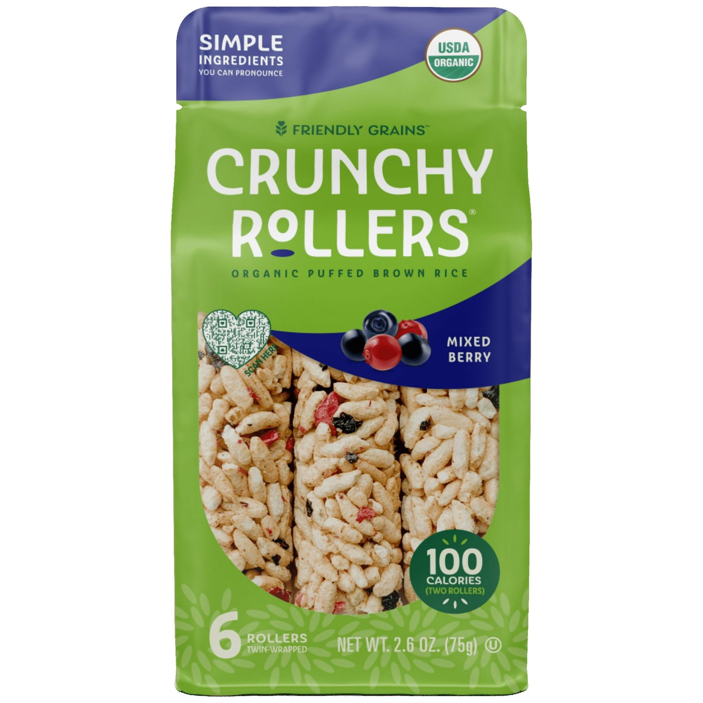 Enjoy the delicious crunch of Friendly Grains Organic Puffed Brown Rice Crunchy Rollers in Mixed Berry flavor. Made with real organic blueberries & cranberries, these guilt-free snacks are crafted from simple, non-GMO ingredients like organic brown rice. They're free from major allergens, kosher, gluten-free, vegan, & school-safe. A wholesome rice snack for the whole family to savor!