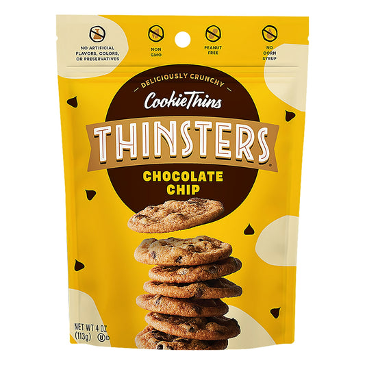 Bite-size Cookie. Outsize Flavor. Deliciously Crunchy Cookies! THINSTERS are thin, crunchy cookies that are snackable, poppable and burst with flavor! Oven-baked with real butter and real sugar, THINSTERS are made with no artificial ingredients, no corn syrup, no processed oils and are non-GMO. We pride ourselves in a deliciously crunchy, low-calorie cookie with all the taste without the guilt. Thinsters Chocolate Chip Crunchy Cookie Thins, 4 oz.: