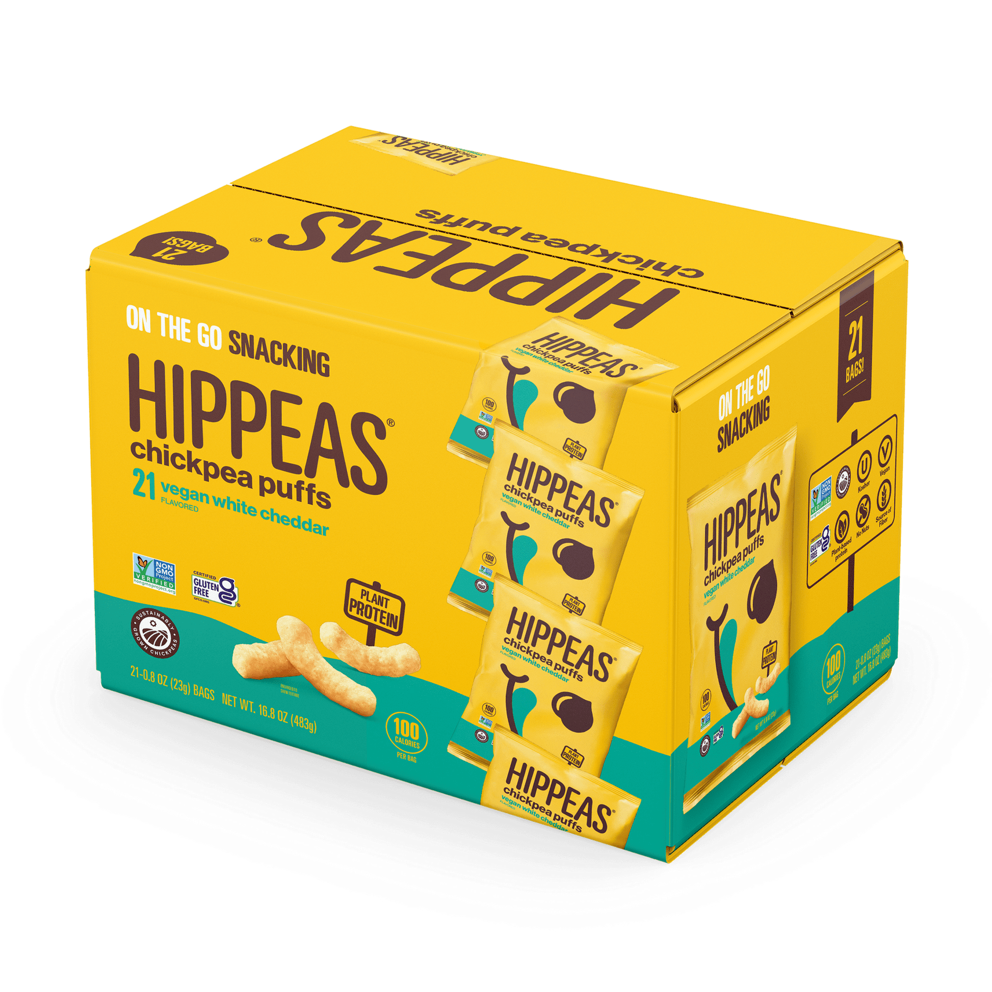 HIPPEAS Chickpea Puffs, Vegan White Cheddar, 0.8 oz Bags, 21 Ct. Enjoy a righteously white cheddar cheez-y flavor. What are Hippeas? HIPPEAS Snacks are made from the small, but mighty chickpeas! These addictive vegan "cheese" puff snacks are packed with delicious plant power to keep you keepin' on. Packed with plant protein and filling fiber, these light-and-crunchy vegan "cheese" puffs will fuel your body and satisfy your cravings for crunchy goodness. HIPPEAS Vegan White Cheddar Chickpea Puffs are righteo