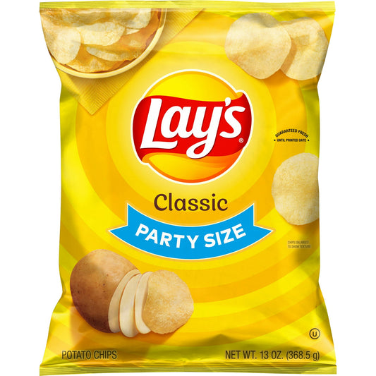 It starts with farm-grown potatoes- cooked and seasoned to perfection. Then we add the tang of sour cream and sharp cheddar. So every Lay's potato chip is perfectly crispy and delicious. Happiness in every bite. The shareable size is perfect for your next party or gathering. Try pairing with your favorite onion dip for a quick and easy appetizer. Try packing Classic Lay’s Potato Chips in your next work or school lunch for just the right amount of deliciousness. Includes 1 (13 oz) bag of Lay's Classic Potato