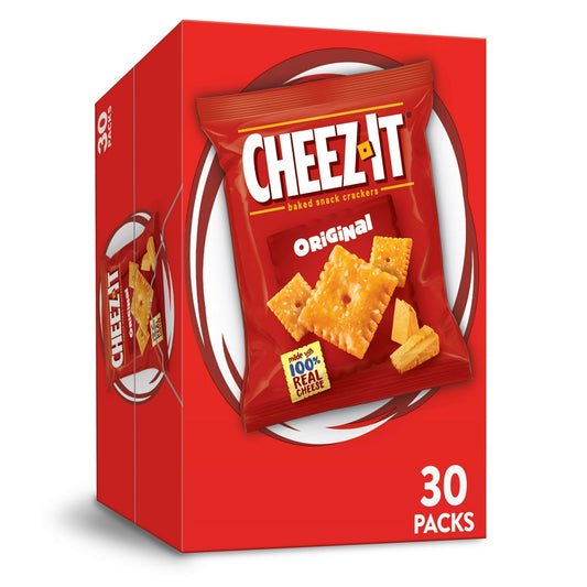 Outrageously cheesy and perfectly portable, these pouches of Cheez-It baked snack crackers contain deliciously crunchy little crackers that have captured cheese-lovers for decades. Discover a crowd-favorite snack made with 100% real cheese baked to crispy perfect for an irresistible taste in every crunchy bite. Each lightly salted crisp is loaded with a burst of cheesy flavor; Cheez-It baked snack crackers are an on-the-go fan-favorite for game night, school snacks, family movie nights, late-night snacking,