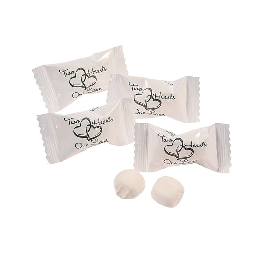 Fill a candy dish with these lovely Two Hearts buttermints for a sweet treat at your wedding reception. Place mints at each place setting, add them to the dessert table or place buttermints in favor bags. Wrappers read “Two Hearts, One Love”. Mint flavor. Individually wrapped. (108 pcs. per unit) Total wt., 14 oz. Fat-free. Gluten-free. Kosher (Dairy). Nut-free. Made in the USA