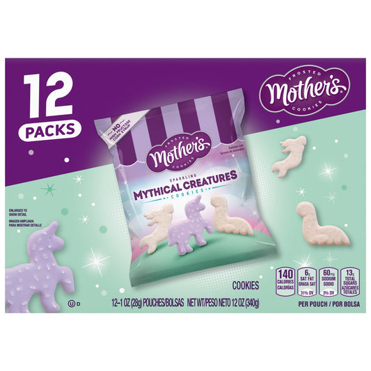 Spark imagination with every tasty creation! Stop And Taste The Frosting with Mother's Sparkling Mythical Creatures Cookies and unleash a mystical menagerie of creature-shaped snacks. Each bite-size shortbread cookie is fully frosted purple and white and topped with silver sugar sprinkles. The whimsical creature shapes take you on a mythical adventure with every delicious bite. With 12 convenient individual-sized bags, these snacks bring magic to school lunches, on-the-go snacking and kids’ parties. Grab on