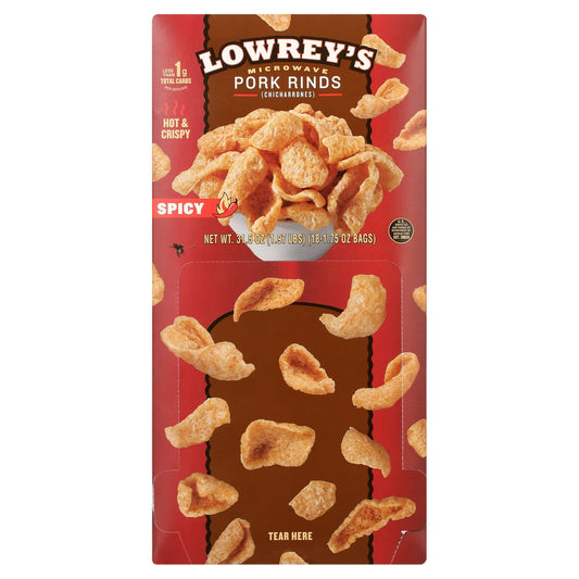 Add a little spice to your day with Lowrey's Hot and Spicy Bacon Curls. These pork rinds make a great snack for those looking for a nutritious and delicious pick-me-up during their busy day. With less fat than traditional pork rinds and low in carbs, our bacon curls have over 30 grams of protein per package for healthy snacking to satisfy your hunger. Perfect snack for a low carb or keto diet! Our pork rinds are prepared in the microwave in just minutes for a hot and crispy bite that can be enjoyed right ou