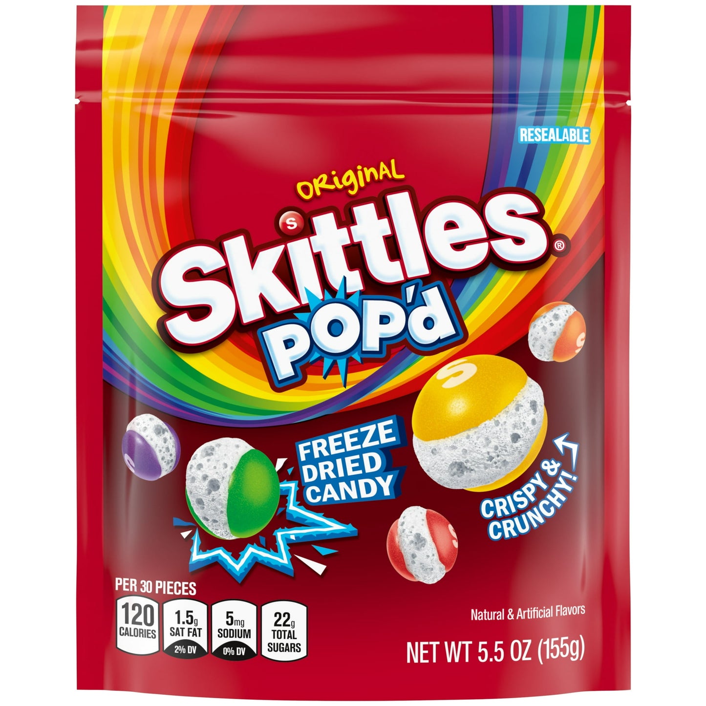 Introducing SKITTLES POP’D Originals Freeze Dried Candy—your NEW favorite twist on your fave fruity candy! No need to dream it—SKITTLES with a crispy crunch is finally a reality! Freeze drying turns fruity flavors into a crunchy, irresistible bite. This resealable bag is perfect for a bite of fruit flavor anytime you need it. Whether you’re hitting the road, hosting a party, or just cozying up for movie night, SKITTLES POP'D freeze dried candy bring a playful, crunchy twist to your snacking. Don’t miss out 