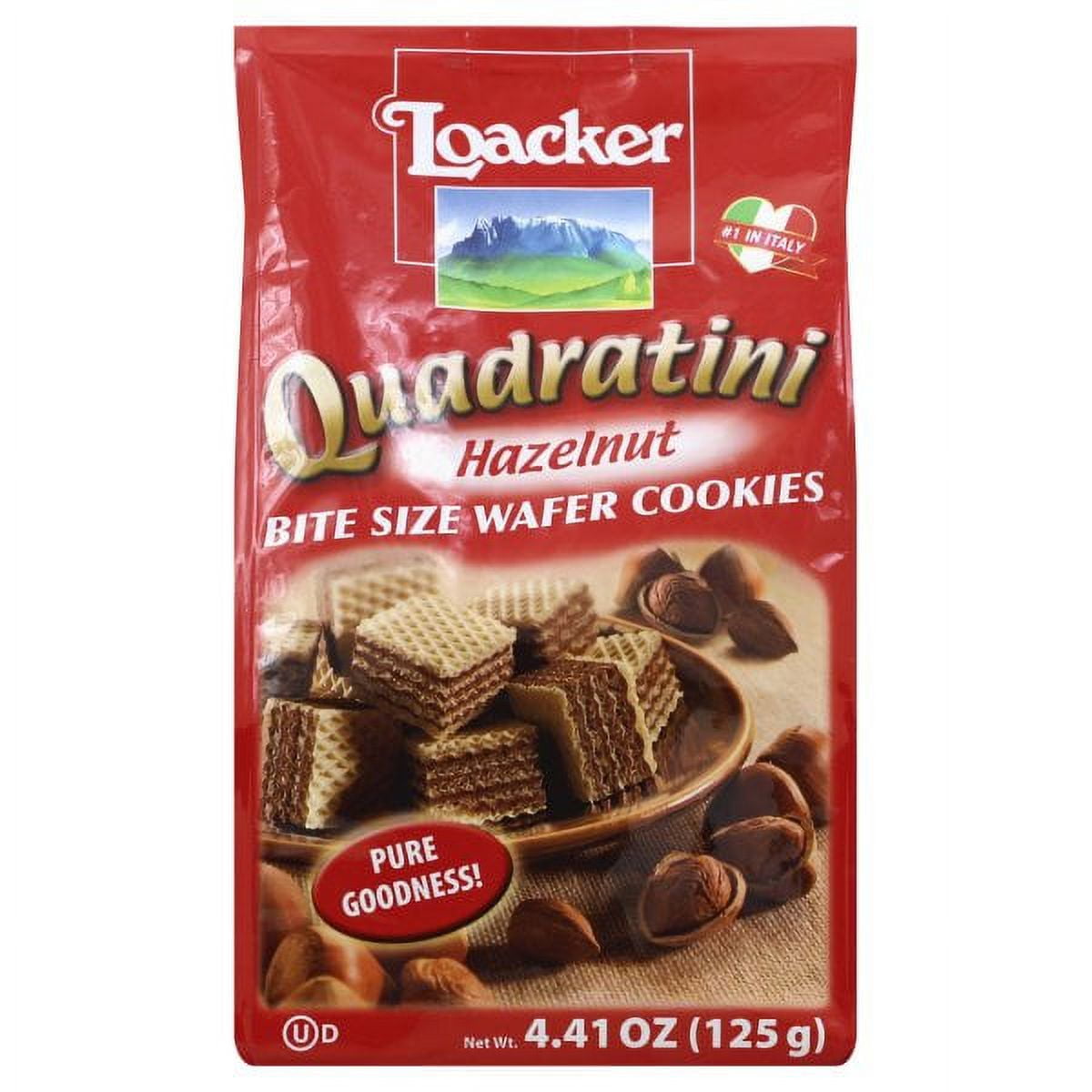 Wafer Cookies, Hazelnut, Bite Size, Quadratini, Bag 4.41 OZ Bite size wafer cookies. No. 1 in Italy. Pure goodness! Since 1925, Loacker has been synonymous with delicious wafer and chocolate specialties. In the pristine heart of the Alps, surrounded by the Dolomite Mountains, the Loacker family selects the best and finest ingredients and transforms these into pure goodness. Guarantee of quality. No hydrogenated fats. 0 grams trans fats. No ingredients produced using biotechnology. No artificial colorants. N