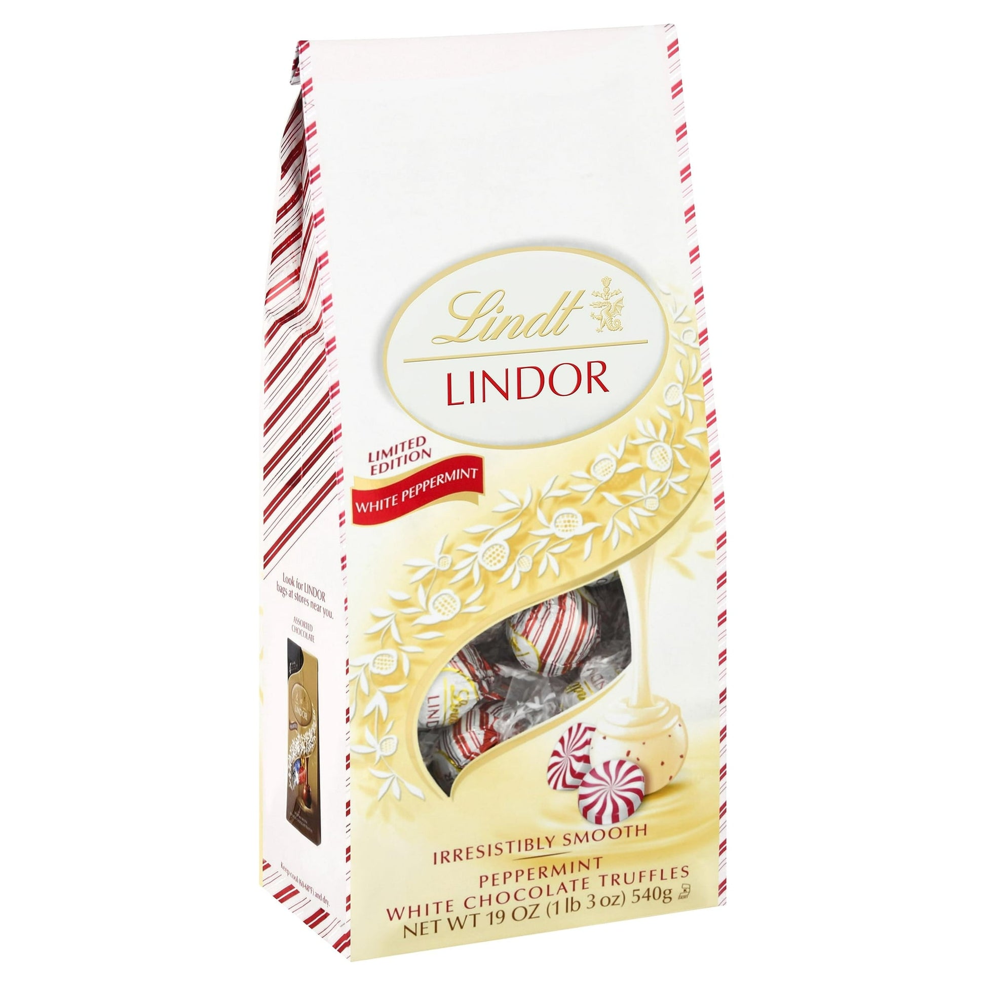 From the master Swiss chocolatiers since 1845, Lindor Peppermint White Chocolate Truffles feature a delicate extra dark shell and an irresistibly smooth chocolate peppermint truffle filling. This attractive 19 oz package contains plenty of individually wrapped delicate pieces with candy cane-inspired holiday wrappers. Discover the melt-in-your-mouth deliciousness that is blended with a crisp refreshment of peppermint chocolate truffles. Enjoy each one by itself or add one to your hot chocolate or coffee for