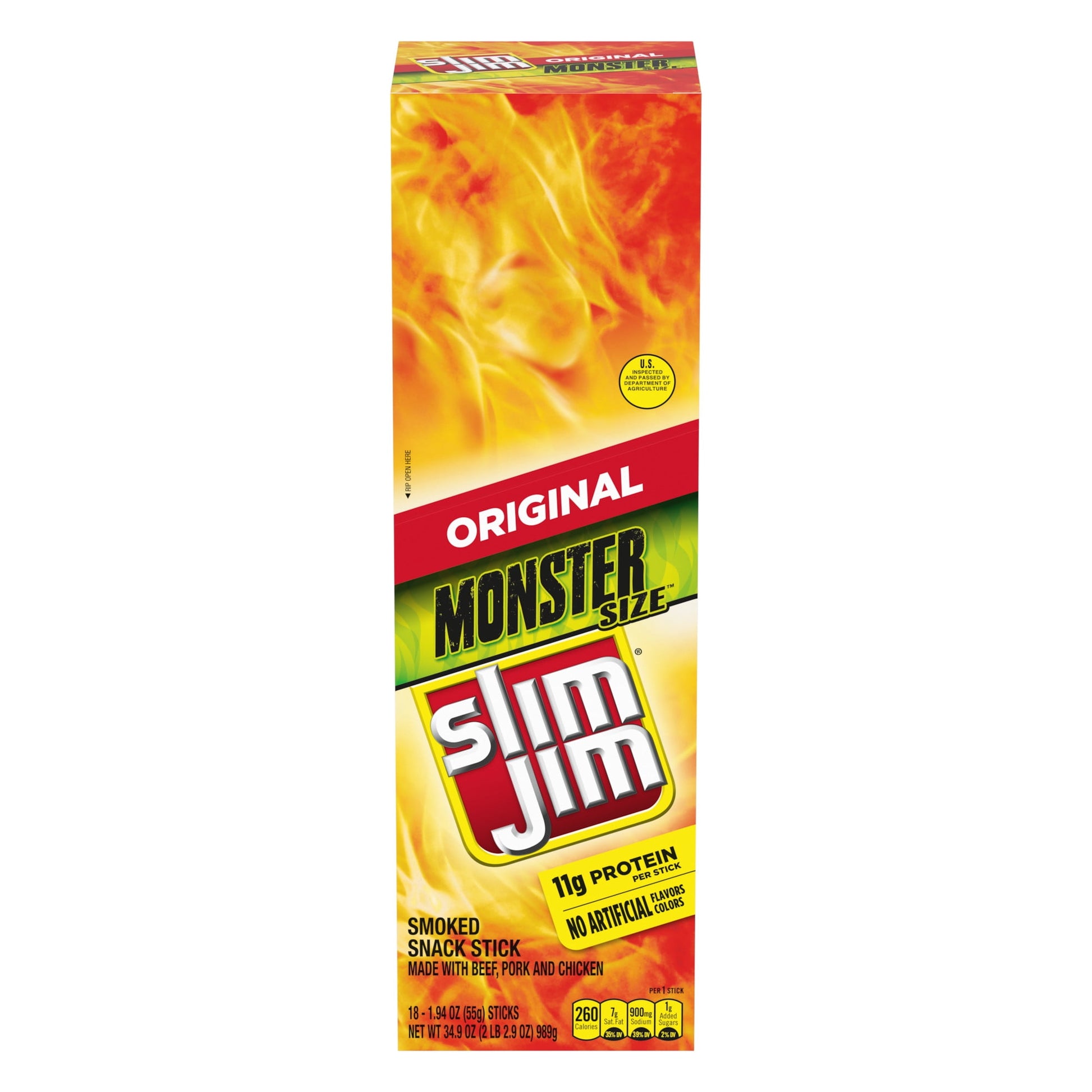 Slim Jim snack sticks are made with beef, pork, and chicken, because beefy appetites require an even beefier snack! Slim Jim is America's #1 brand of meat stick. Grab this Monster Slim Jim for an easily to grab and go snack. Snack sticks are individually wrapped for a quick and easy meat snack on-the-run. The Monster Slim Jim Stick is packed with 11 grams of protein per serving to keep you fueled and satisfied. Please your carnivorous cravings with a mouth-pleasing bold taste your taste buds crave - Snap in