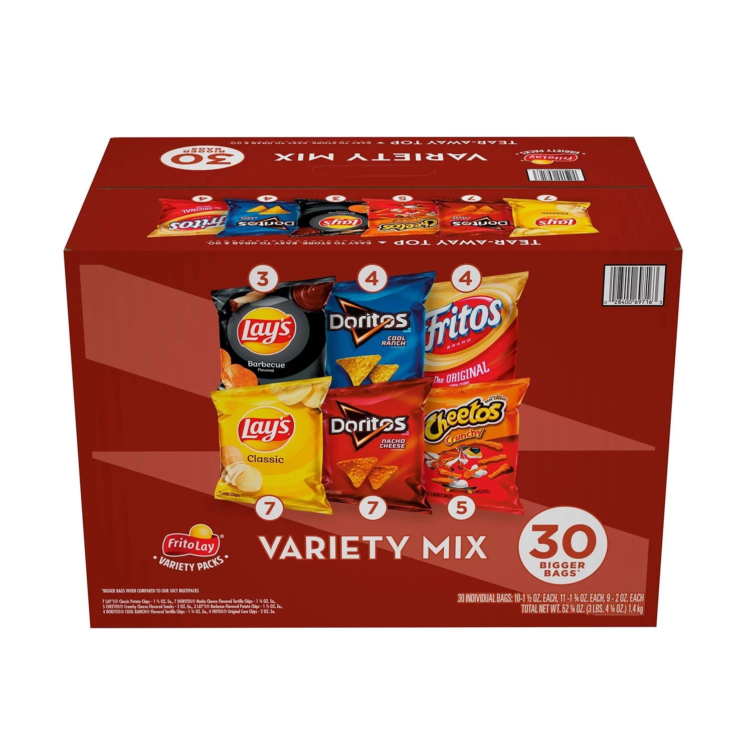 Keep customers and employees happy with this selection of salty treats. The box contains individually wrapped bags of Cheetos, Fritos original corn chips, Lay's potato chips in Classic and Barbecue flavors and Doritos Nacho Cheese and Cool Ranch tortilla chips, so there's something tasty for everyone. This Frito Lay variety mix master case comes in a pack of 30 bags. • Variety mix of your favorite snacks. • Total net weight: 52.25 oz. • Serving size: one bag. • Pack contains 30 individual bags: seven Lay's 