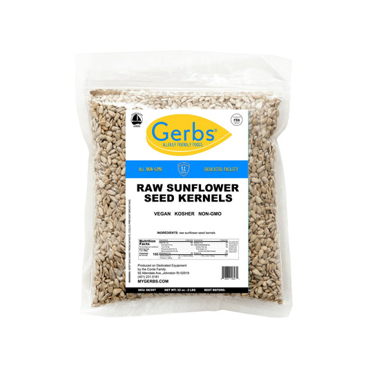 Gerbs Raw Sunflower Seed Kernels, country of Origin - USA. Produced on 100% Dedicated Packaging Equipment. 2 Pounds of sunflower kernels packaged in re-sealable zipper high barrier food grade poly bags yielding a shelf life of 1 year without using any preservatives. This product is Allergen Free, 100% All-Natural/NON-GMO, Vegan, and Kosher. Simply, there are no other Sunflower Seeds on the market as fresh as Gerbs, which taste like homemade seeds, while also being Allergen Free & Non-GMO.