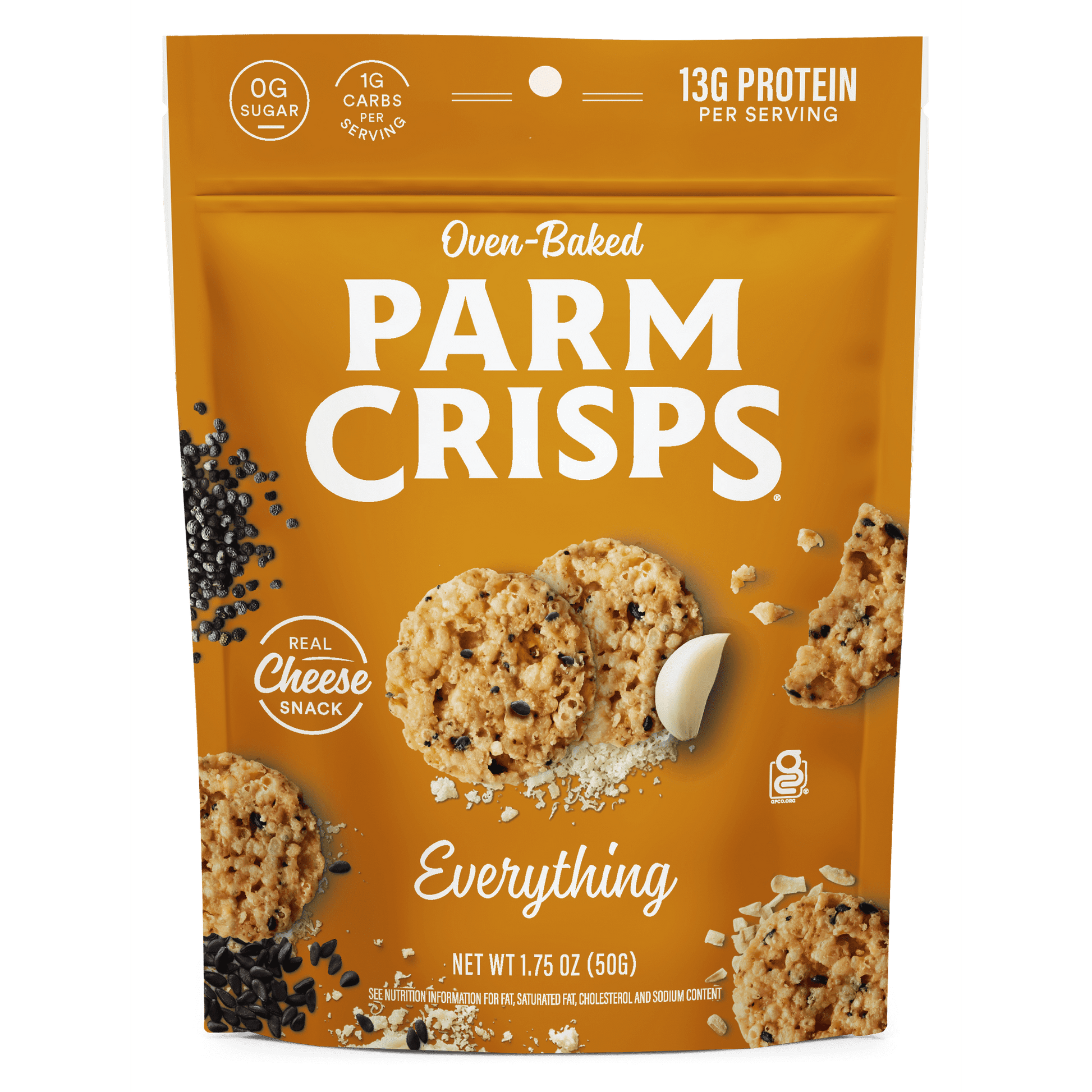 ParmCrisps are artisan-crafted, crunchy crisps made of 100% Aged Parmesan cheese and premium seasonings. Oven-baked in small batches, ParmCrisps have no artificial growth hormones, flavors, colors or preservatives and are only 100 calories per serving. ParmCrisps, using all-natural real premium cheese, and are +rBst free. No fillers like corn, wheat or flour. Just cheese that's oven-baked into a crunchy crisp. Pair ParmCrisps with your favorite bottle of wine, enjoy on a salad, soup or sandwich, or eat them