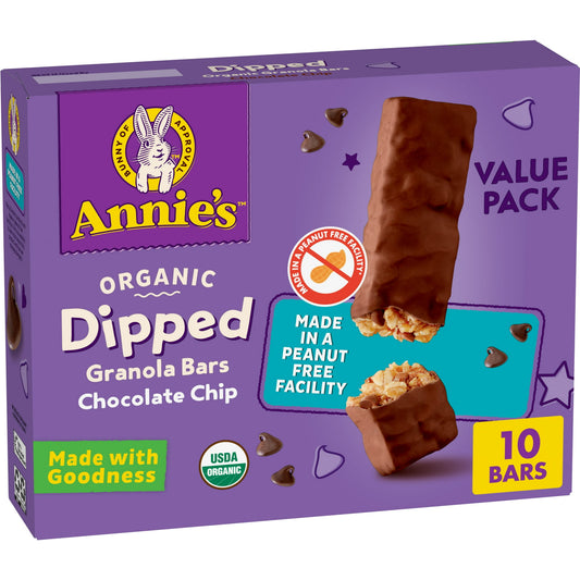 Chewy, portable and dipped in chocolate, Annie's Organic Dipped Chocolate Chip Chewy Granola Bars bring yumminess that kids and adults will love. Made with a tasty, chewy middle and coated in chocolate, this snackity snack is made in a peanut-free facility* and certified organic, with 35% less sugar than the leading dipped granola bar.** Just as you'd expect from Annie's, we work with trusted supplier to source only non-GMO ingredients. These granola chocolate bars are an ideal choice for snacking anytime o