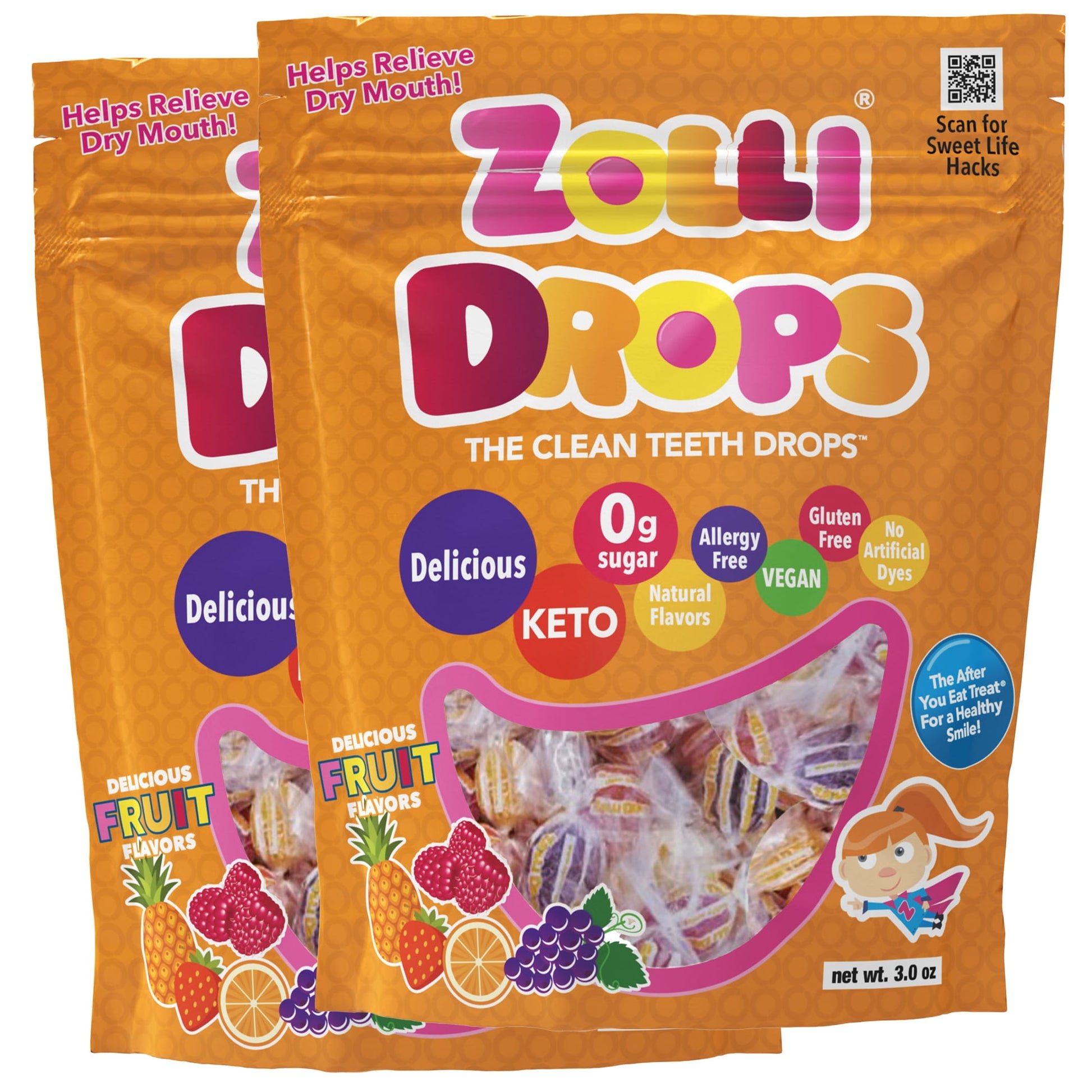 Zollipops Zero Sugar Sugar Free Candy, Zolli Drops Hard Candies, Keto, Vegan, Allergy Free, 3 oz Bag, 2 Pack Zollipops candy treats are delicious and with natural flavors and tooth-friendly ingredients. Just when you thought life couldn't get any sweeter - our sugar free candy is actually good for your teeth. How is this possible? Thanks to the unique blend of ingredients in Zollipops, Zolli Drops, and Zaffi Taffy, our 100 percent zero sugar, sugar-free assorted candy helps reduce acidity, neutralize your m