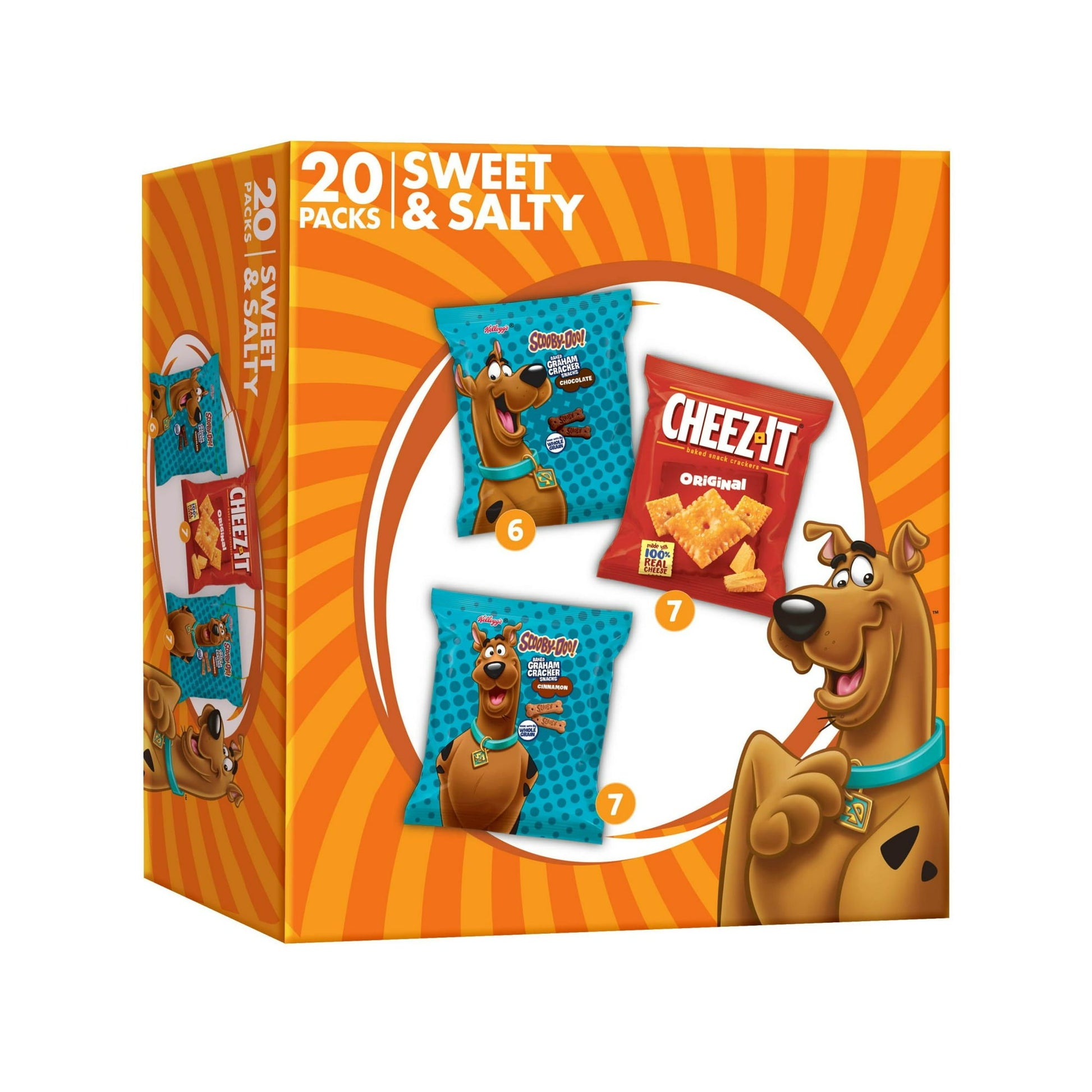 Satisfying cravings for kids and adults with Kellogg's Sweet & Salty Variety Pack. 20-ounce box includes three family favorites: SCOOBY-DOO! Graham Cracker Snacks in cinnamon or chocolate flavors, plus Cheez-It Original Baked Snack Crackers. SCOOBY-DOO! snacks are made with whole grains and no high fructose corn syrup. Original Cheez-It crackers contain 100% real cheese. Together, these individual-size snacks serve up grab n’ go fun for everyone; Kellogg’s bulk package keeps snack food handy for any school 