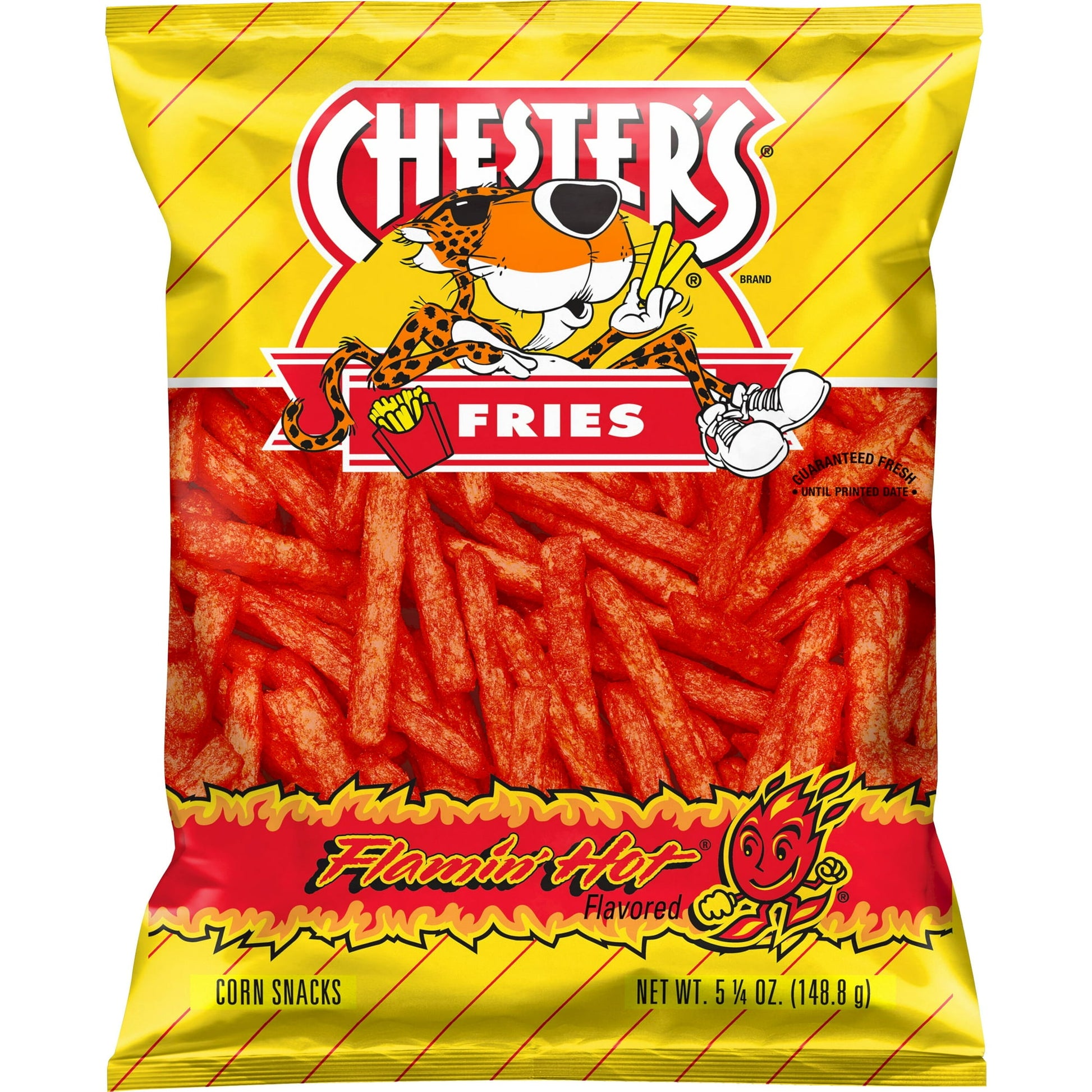 When CHESTER CHEETAH puts his name on a snack, you can count on a bold and cheesy flavor like you’ve never tasted. CHESTER’S snacks are made with a special blend of real cheese seasoning to give each bite the perfect pop and zing. Ignite your taste buds with Chester's Fries Flamin' Hot Corn Snacks. This 5.25 oz bag is packed with fiery, spicy heat and bold flavor, offering a crunchy, satisfying snack with a kick. Perfect for those who crave intense spice and cheesy goodness in every bite.