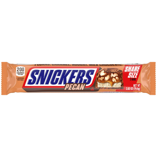 Just when you thought the satisfaction of SNICKERS couldn't get any better—give a warm welcome to our NEW SNICKERS Pecan Milk Chocolate Share Size Bars. This tasty treat is here to bring you sweet joy and comforting satisfaction with every delicious bite. Satisfaction is guaranteed with this comforting, buttery, and rich combination of pecans, caramel, and milk chocolate.Share the heavenly combination of SNICKERS Pecan with your family and friends—don’t keep all this nutty goodness to yourself! With two bar