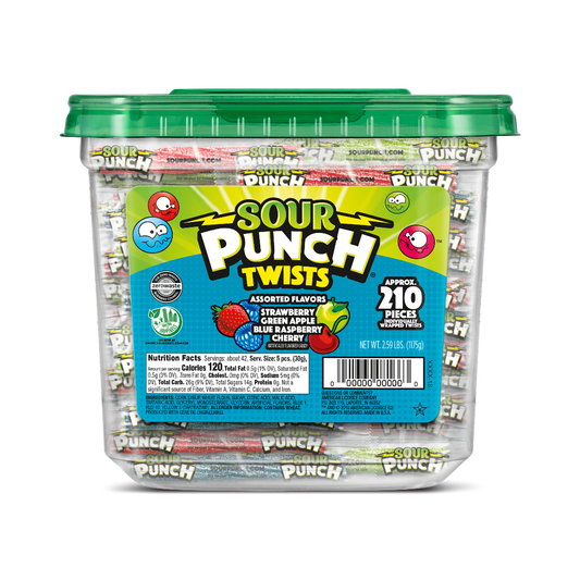 Mouthwatering Sour Punch® Twists are individually wrapped to keep this sweet & sour candy soft and chewy. The resealable tub makes these sweet treats easy to store in your pantry, on your kitchen counter or at the office. Grab a handful of Blue Raspberry, Cherry, Strawberry & Apple flavored Twists® for a stimulating sour experience. Sour Punch® Twists pack a power punch! Enjoy a sweet & sour pick-me-up on road trips, or flavorful party snack. Soothe that sweet tooth with a sensible snack. Sour Punch® candy 