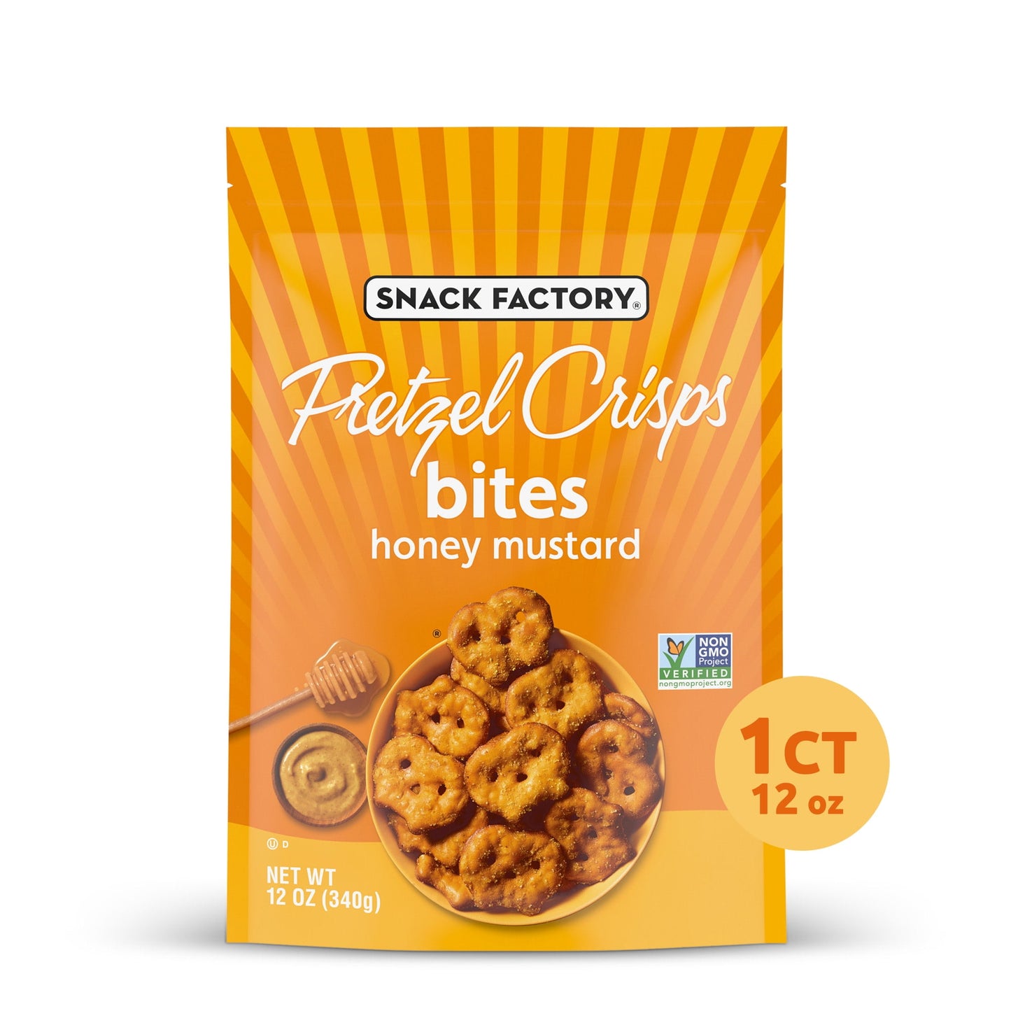 Get a taste of Honey Mustard Snack Factory Pretzel Crisps Bites. Thin pretzels that are bite-sized, deliciously seasoned and perfectly poppable, right out of the bag. Try these Honey Mustard pretzels for a flavor-packed snack with a crispy crunch in a resealable 12-oz. bag. At Snack Factory, we reimagine pretzels in new and unexpectedly delicious ways. Snack Factory Bites bring together the crunchiness of pretzels with the thinness of chips for a snack that is deliciously satisfying! These thin and crunchy 