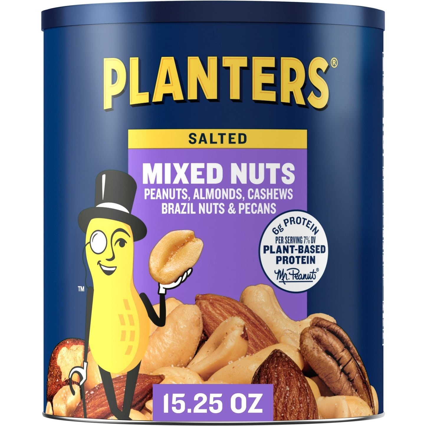 PLANTERS Mixed Nuts are a crunchy combination of peanuts, almonds, cashews, Brazil nuts and pecans, making them a perfect on-the-go snack to curb your cravings for a crunchy treat. These mixed nuts contain sea salt for a savory flavor that satisfies. Sprinkle these Kosher mixed nuts over a salad, or serve them with soups. Keep a canister of these roasted mixed nuts on hand to add texture to your favorite dessert recipes. Each canister of mixed nuts offers 6 grams/7% DV of protein to help quell your hunger b