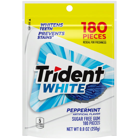 Trident White Peppermint Sugar Free Gum whitens teeth, prevents stains and gives you fresh breath. This refreshing peppermint flavored gum brings sparkle to your smile by whitening teeth and preventing stains. Each piece of teeth whitening gum is easy to pop in your mouth and contains 35% fewer calories than sugared gum. Chewing two pieces of this peppermint gum at least four times per day after meals helps remove and prevent stains. This mint gum is easy to stash in your bag and take on-the-go, whether you