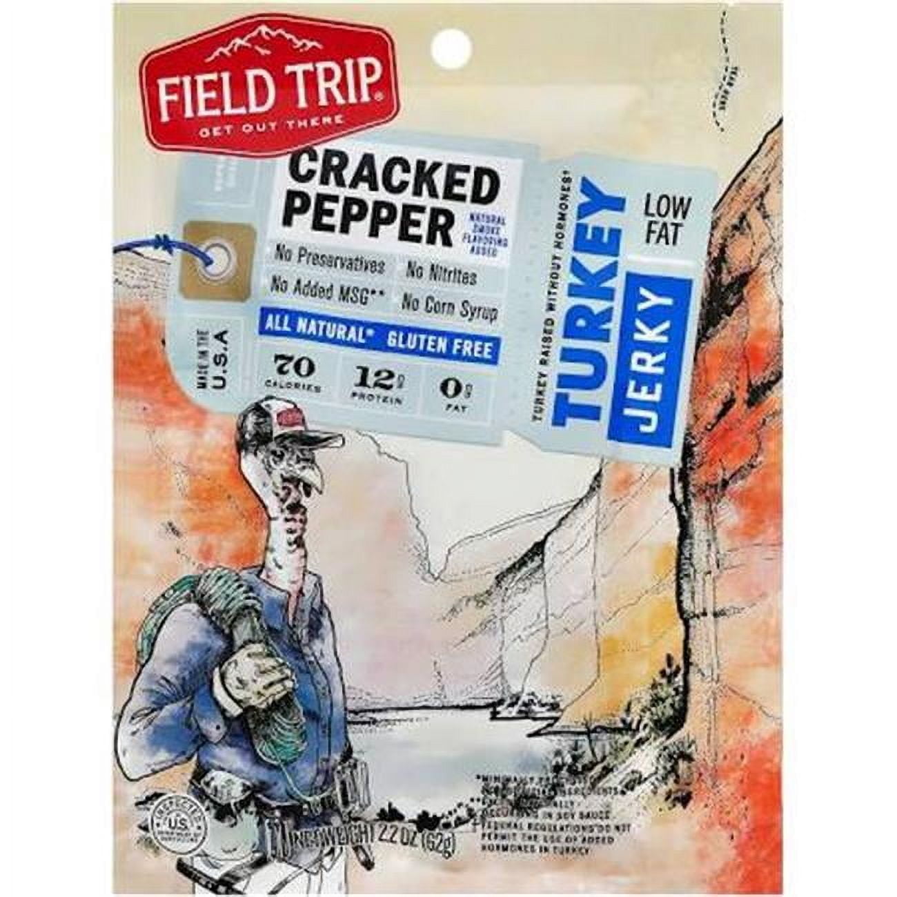 FIELD TRIP CRACKED PEPPER TURKEY JERKY IS A GLUTEN-FREE PRODUCT. THIS 2.2 OZ. TURKEY JERKY DOES NOT CONTAIN MSG, HORMONES, NITRATES, NITRITES, PRESERVATIVES OR ARTIFICIAL INGREDIENTS. IT IS LOW-FAT AND HAS NO CORN SYRUP, AND EACH SERVING CONTAINS 0 G. OF TRANS FAT, 0 G. OF SATURATED FAT AND 12 G. OF PROTEIN.