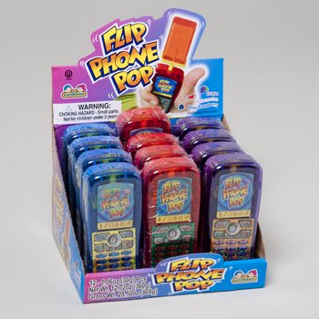 Contains 12 Lollipops in fun flip phones. Comes in assorted flavors and colors: Blue Raspberry, Grape and Watermelon.