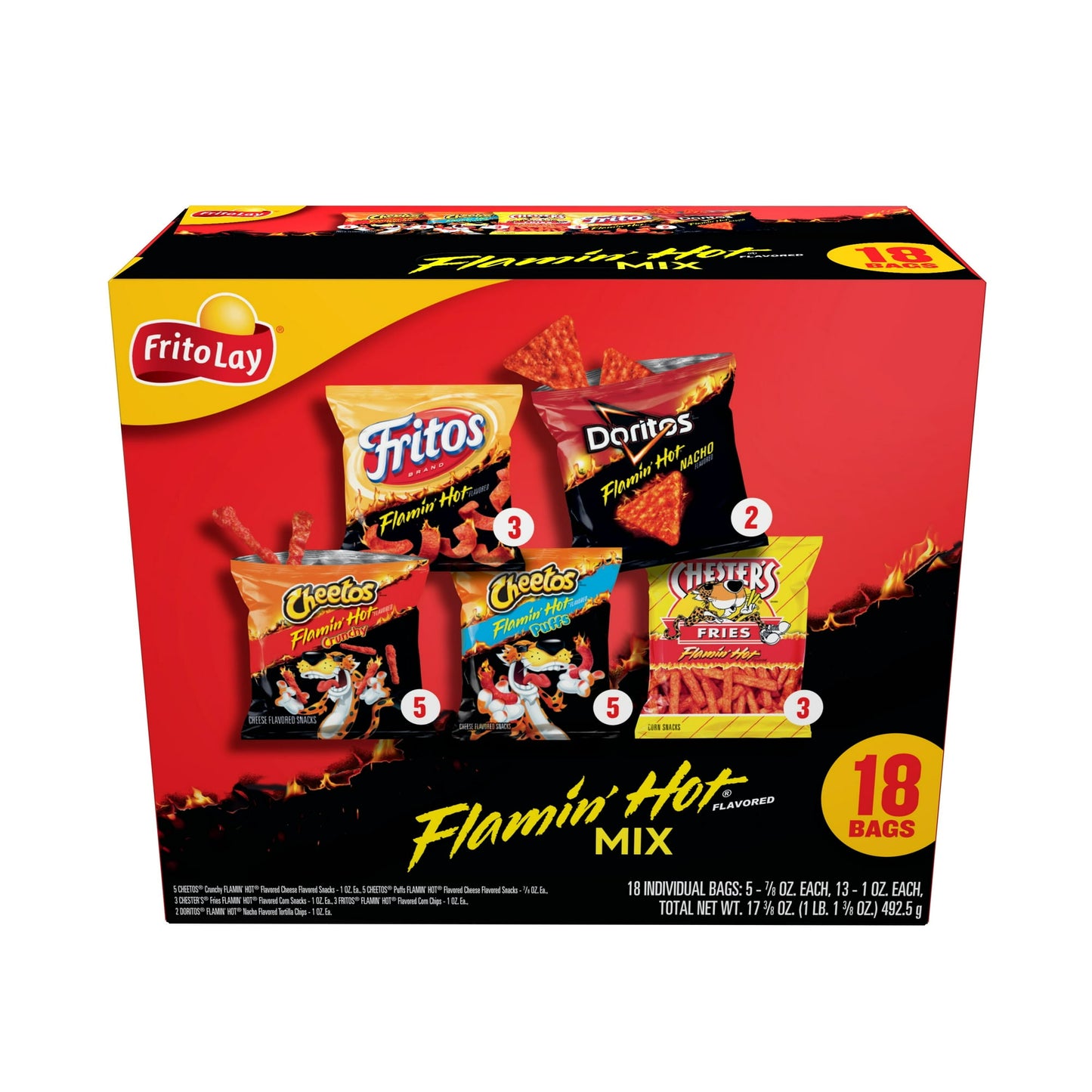 Frito-Lay Flamin' Hot Mix Variety Pack, Frito-Lay Variety Packs provides the perfect portion size and variety to keep your entire family happy. No matter what the occasion from stocking the pantry, to your next family party, to the lunch box, or even a desk break, all you have to do is grab a pack and go! Shelf-Stable / Ambient. Multipack Retail Packaging. Frito-Lay Chips and Snacks. Perfect for on the go snacking and adventures the whole family can enjoy!