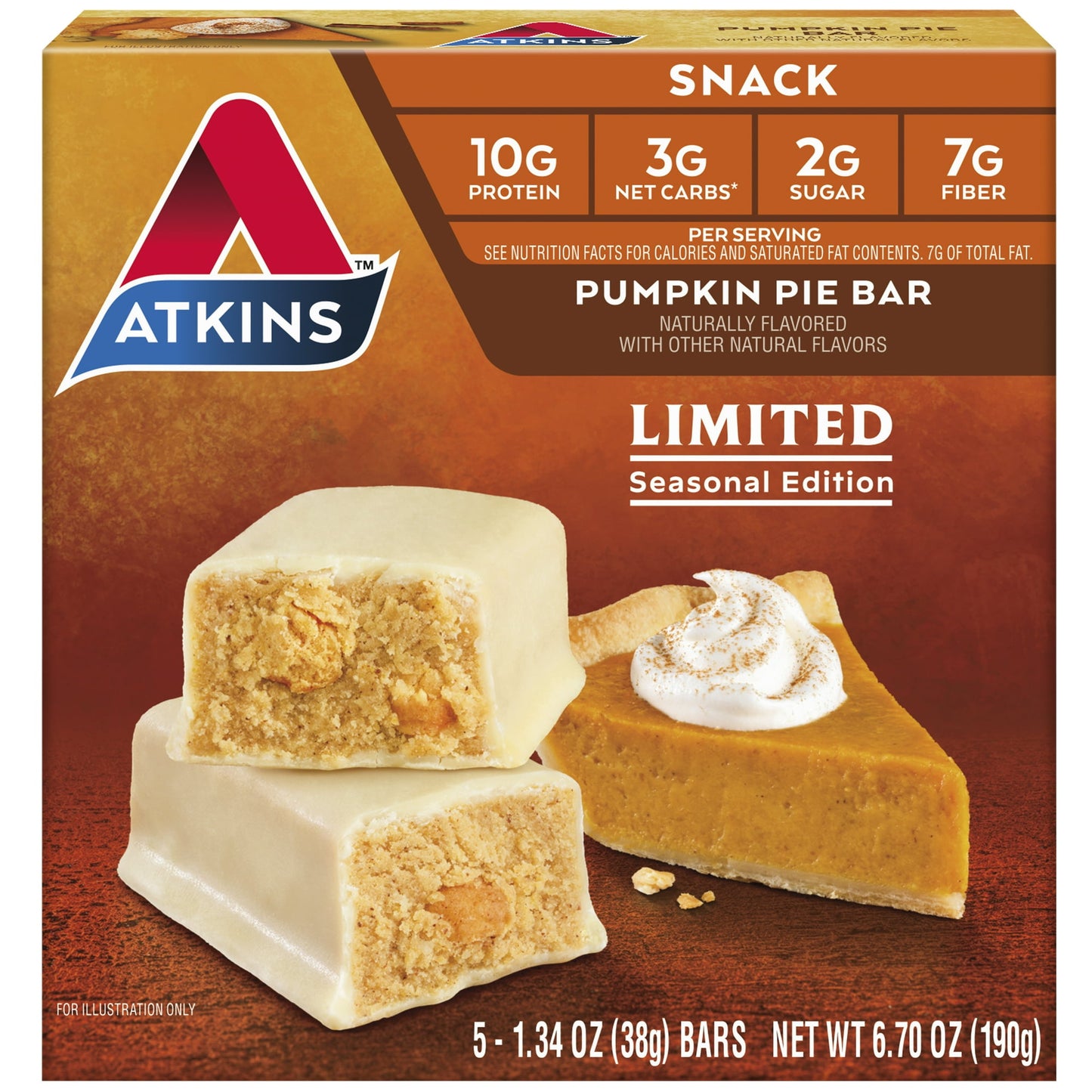 Introducing Atkins™ Pumpkin Pie Snack Bar! A seasonal flavor favorite for pumpkin lovers that will fuel your fall with flavor and fitness. Atkins Pumpkin Pie Snack Bars have the great seasonal flavor of pumpkin that you crave plus the protein to keep you satisfied when you’re looking for a tasty snack that won’t sideline your nutritional goals.* Stick with your keto** lifestyle without sacrificing your favorite tastes. Atkins snack bars are packed with autumnal delight and will satisfy your taste buds so yo