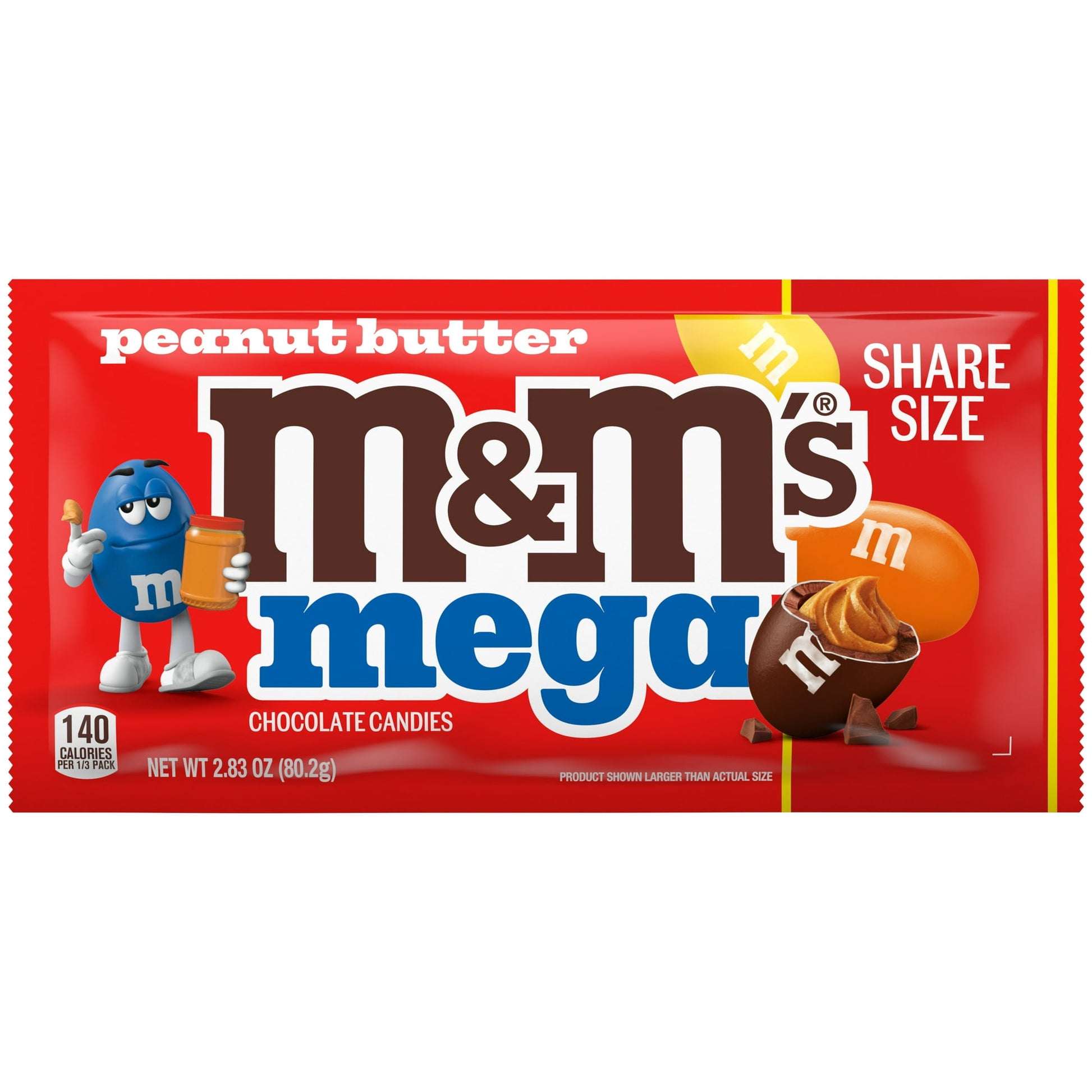 Calling all Peanut Butter Lovers! If you thought M&M'S Peanut Butter Candy had big flavor, get ready for a MEGA upgrade. NEW M&M'S Mega Peanut Butter Candy packs the ultimate peanut butter punch with 3x more real peanut butter! That makes it 3x more irresistible! Make your taste buds flutter with the undeniable texture of that candy crunch and smooth center. You can't keep it all to yourself. Give friends a taste of this share size pack and prepare for some nutty reactions. M&M'S Mega Peanut Chocolates are 