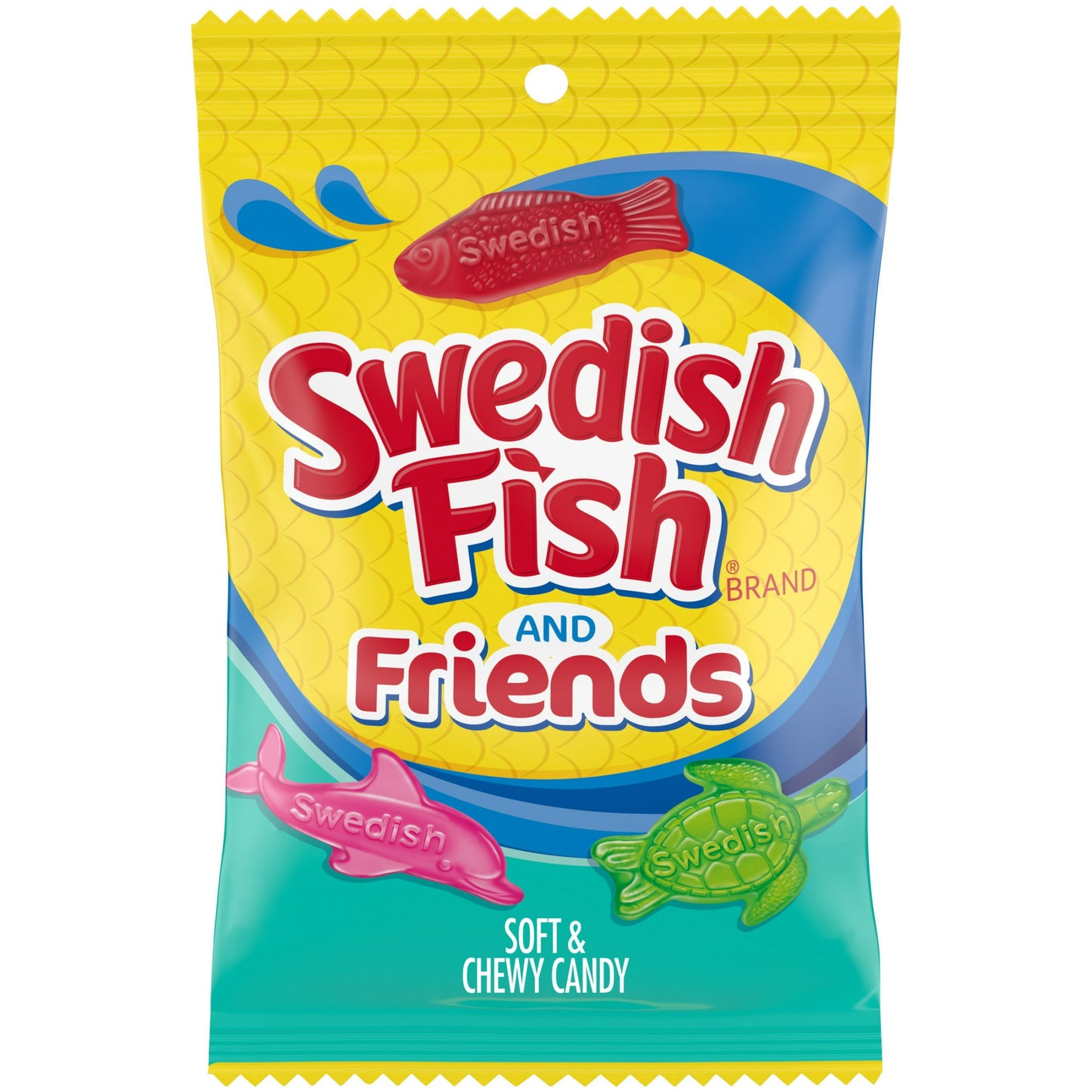 SWEDISH FISH and Friends Soft & Chewy Candy is a classic sweet treat with fun flavors and shapes. In addition to classic SWEDISH FISH red candy, this bag of candy adds two new endangered ocean friends—the watermelon-flavored green sea turtle and strawberry-flavored river dolphin. Keep SWEDISH FISH candy on-hand for quick snacks or as party favors for holidays or birthdays.