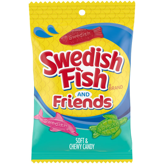 SWEDISH FISH and Friends Soft & Chewy Candy is a classic sweet treat with fun flavors and shapes. In addition to classic SWEDISH FISH red candy, this bag of candy adds two new endangered ocean friends—the watermelon-flavored green sea turtle and strawberry-flavored river dolphin. Keep SWEDISH FISH candy on-hand for quick snacks or as party favors for holidays or birthdays.