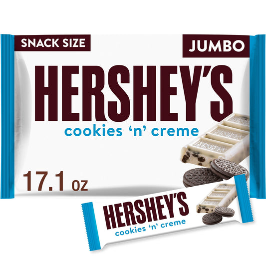 Looking for a twist on a classic candy bar? Look no further! HERSHEY'S Cookies 'n' Creme candy bars make life more delicious! Use this jumbo bag to stock your pantry or opt to share a bar with friends, family and everyone you love. These snack size, kosher certified, individually wrapped candy bars offer a twist on the classic HERSHEY'S bar, and they're the perfect treat for countless special and everyday occasions. Enjoy a smooth white creme base combined with crunchy chocolate cookie pieces. It's a sweet 