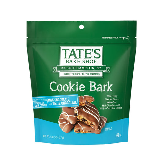 Treat yourself to a bake shop quality snack with Tate's Bake Shop Cookie Bark. We’ve taken our signature crispy chocolate chip cookies and covered them in milk chocolate with a white chocolate drizzle. The result is a delicious, indulgent snackable treat. Savor the entire bark cookies bag for yourself or share it with friends as a unique cookie and chocolate gift. These cookie barks also make great lunch snacks, party snacks and sweet additions to chocolate dessert recipes. Tate's Bake Shop Cookie Bark come